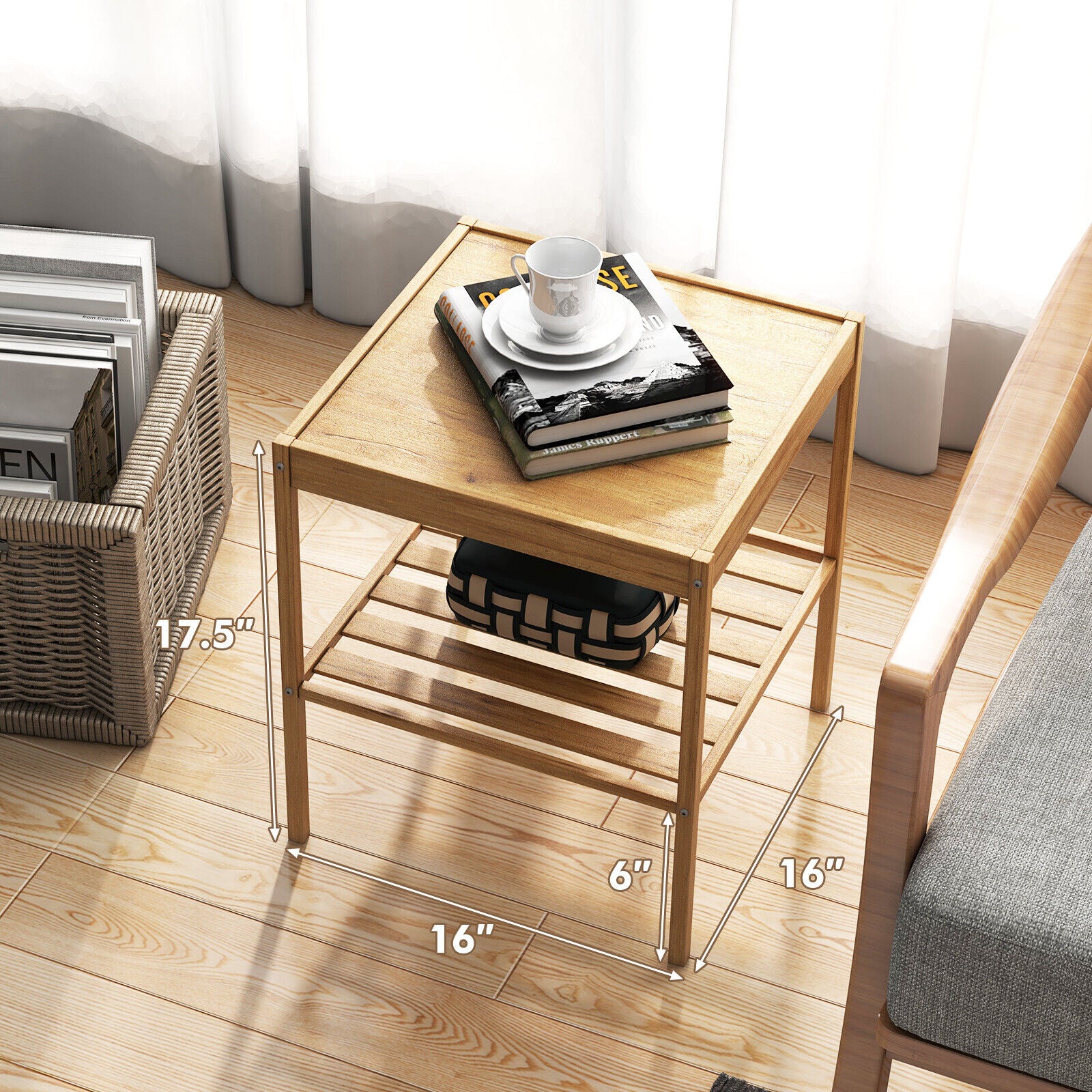 2 Pieces 2 Tiers Bamboo Nightstand for Living Room Bedroom