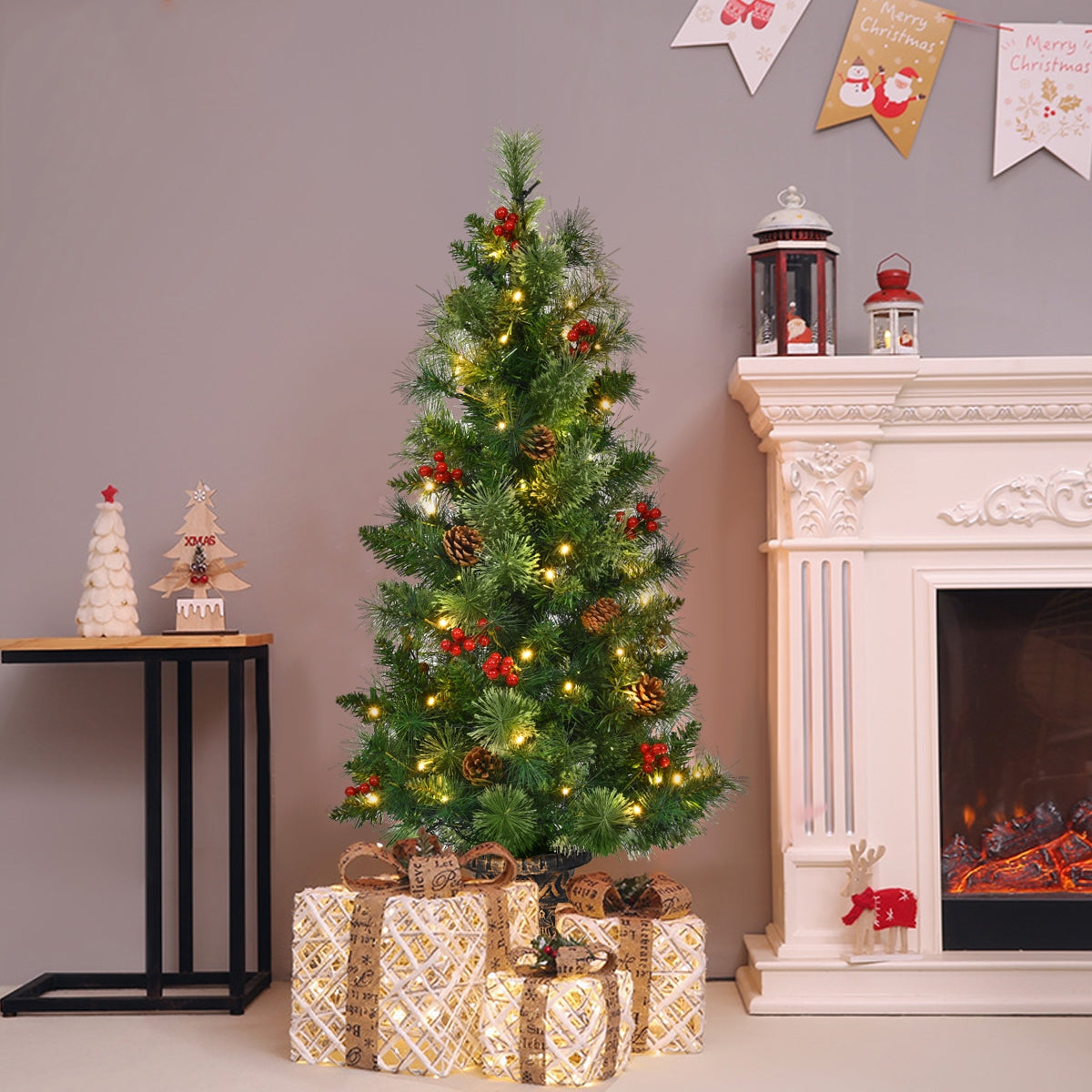3 Feet LED Christmas Tree with Red Berries Pine Cones