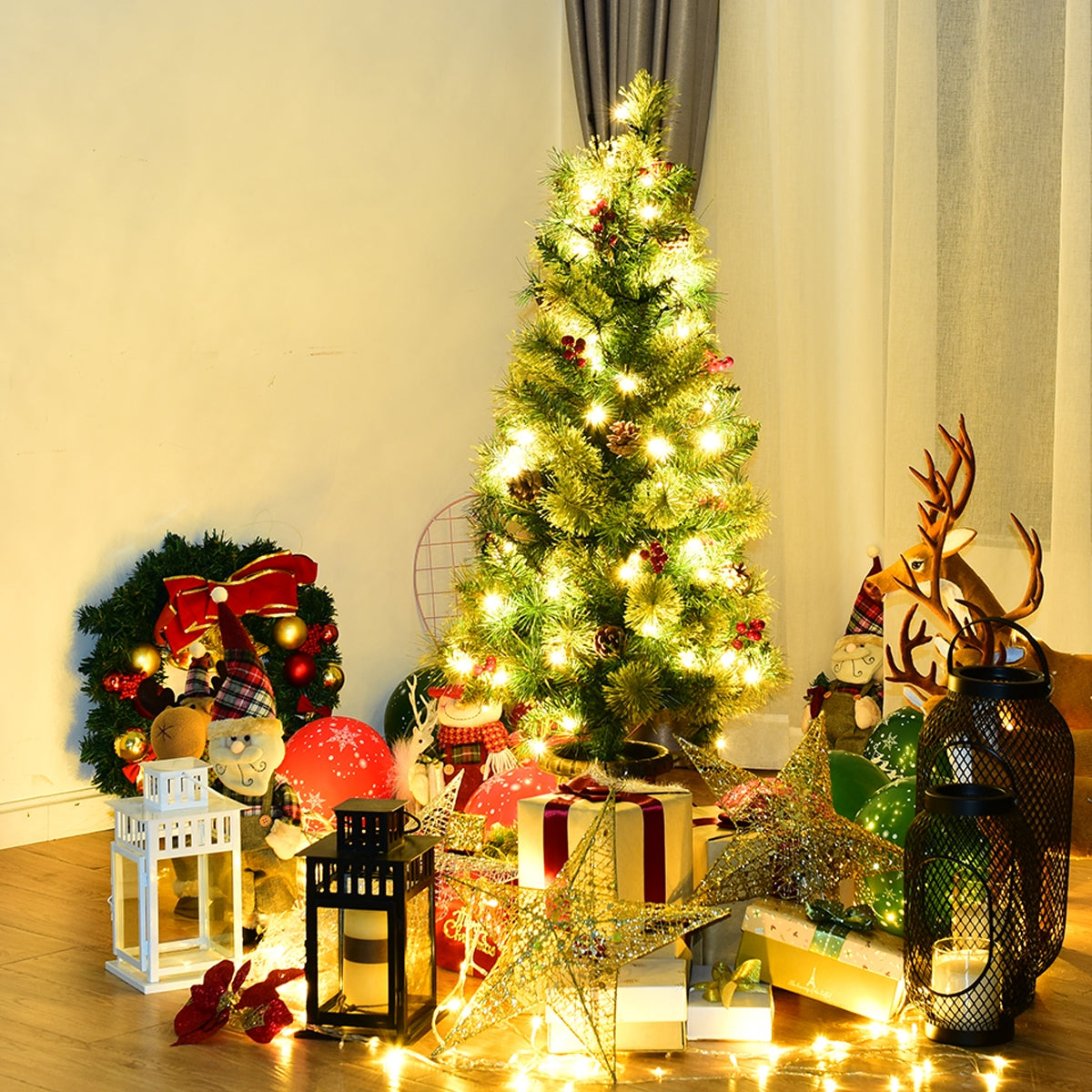 3 Feet LED Christmas Tree with Red Berries Pine Cones