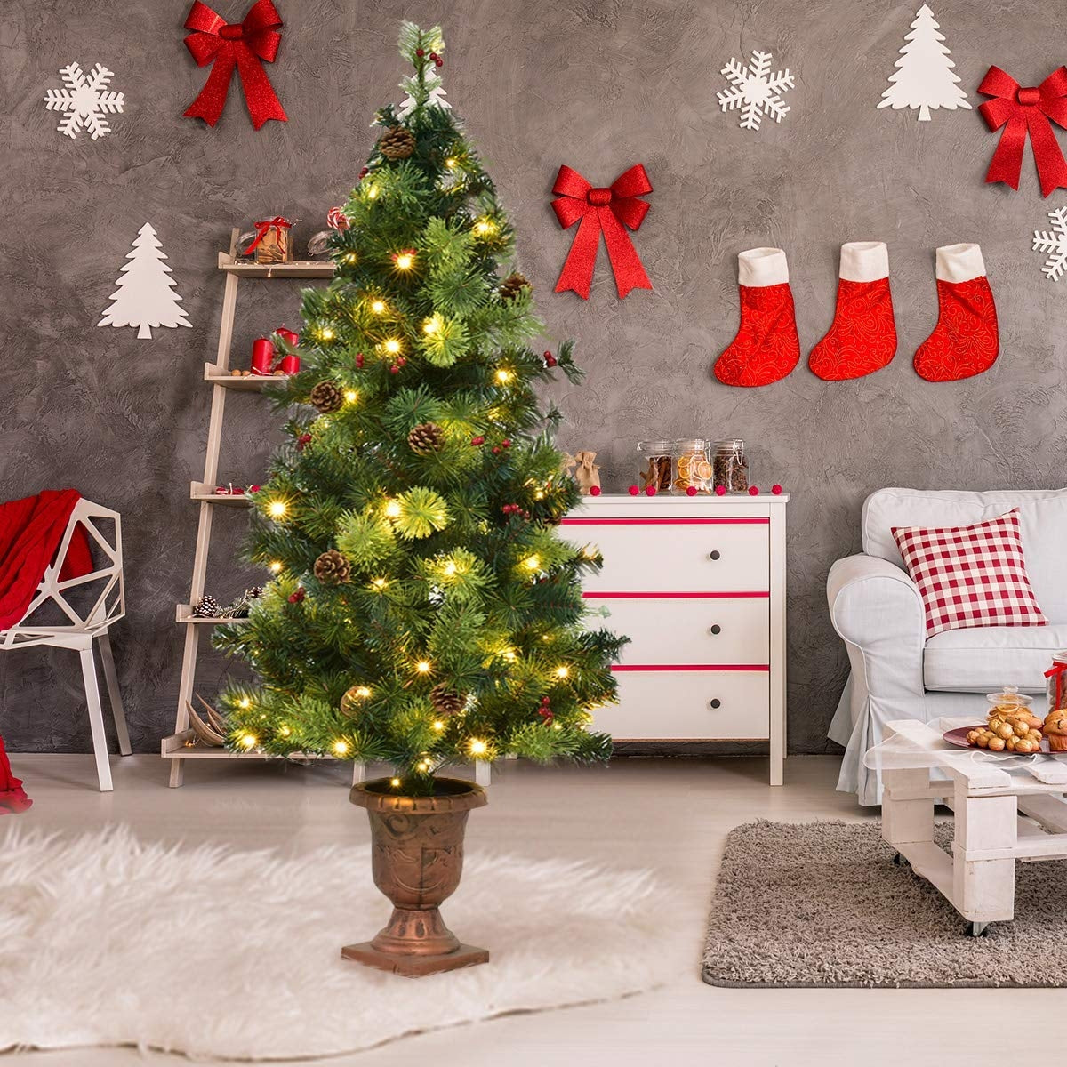 4 Feet LED Christmas Tree with Red Berries Pine Cones