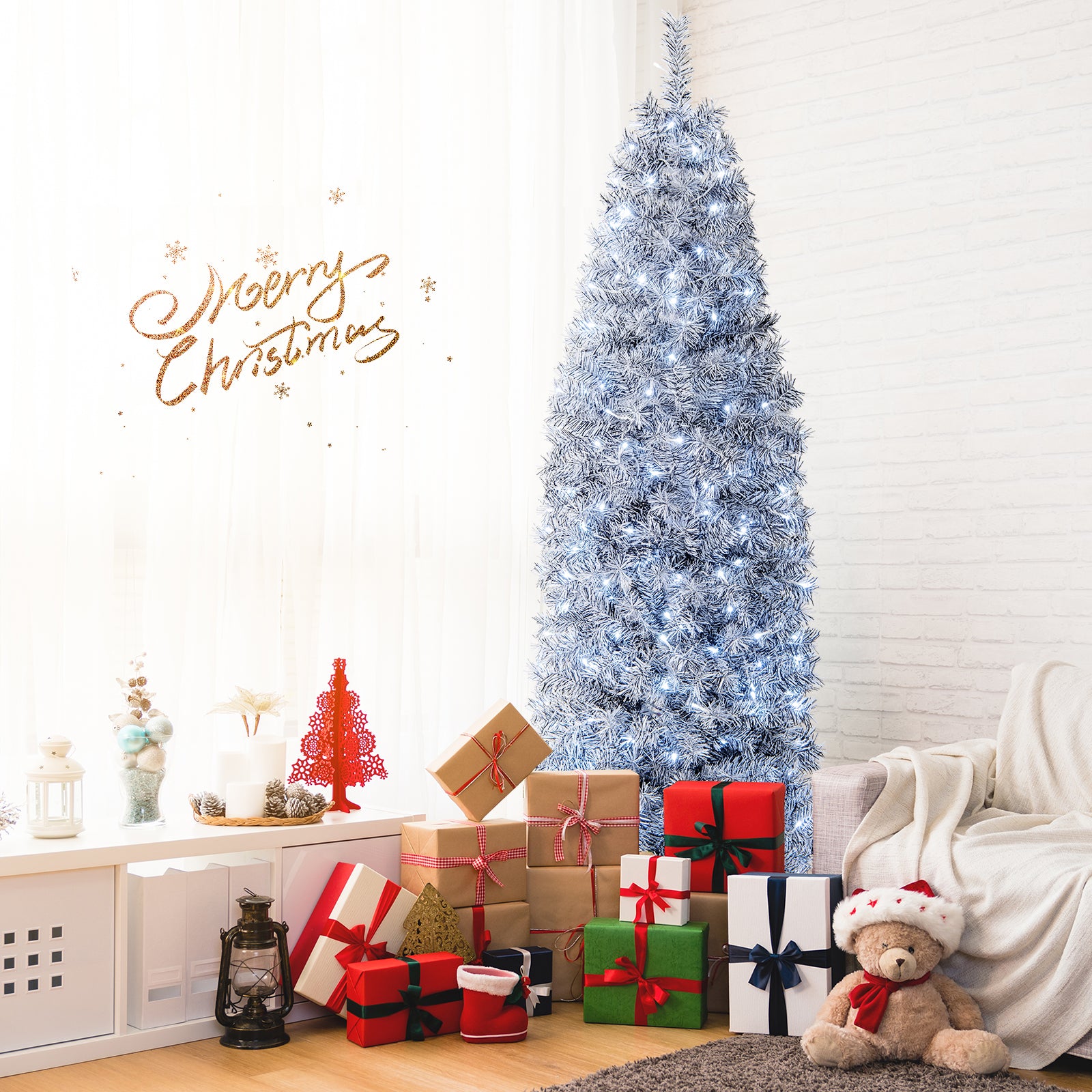 5 FT Pre-lit Artificial Christmas Tree with Branch Tips LED Lights Metal Stand