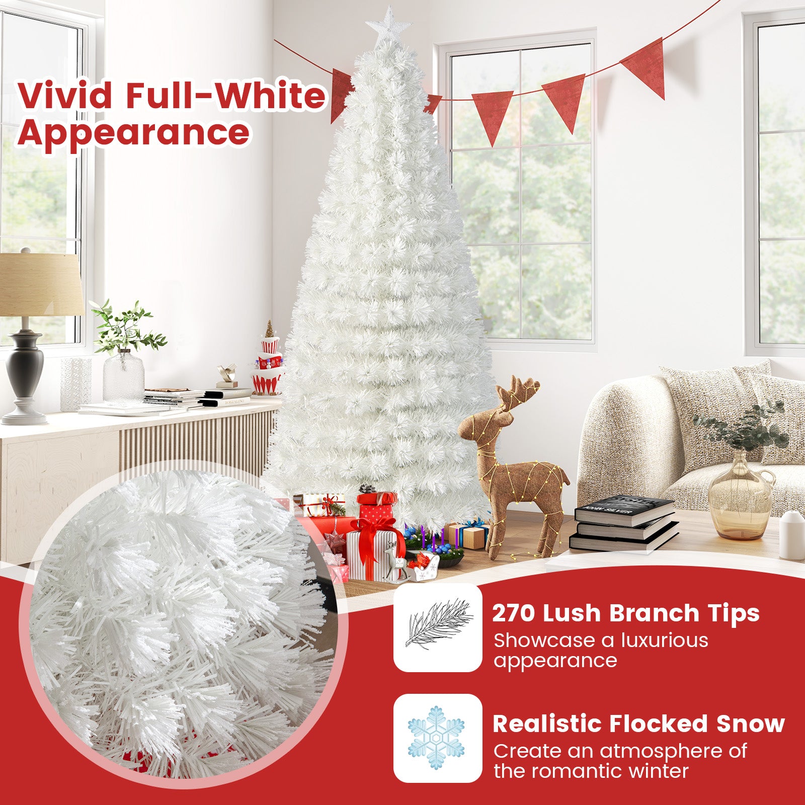 7 Feet Pre-Lit Fiber Optic White Snow-Flocked Artificial Christmas Tree