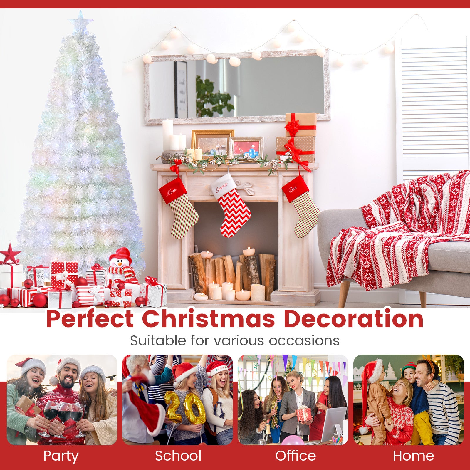 7 Feet Pre-Lit Fiber Optic White Snow-Flocked Artificial Christmas Tree