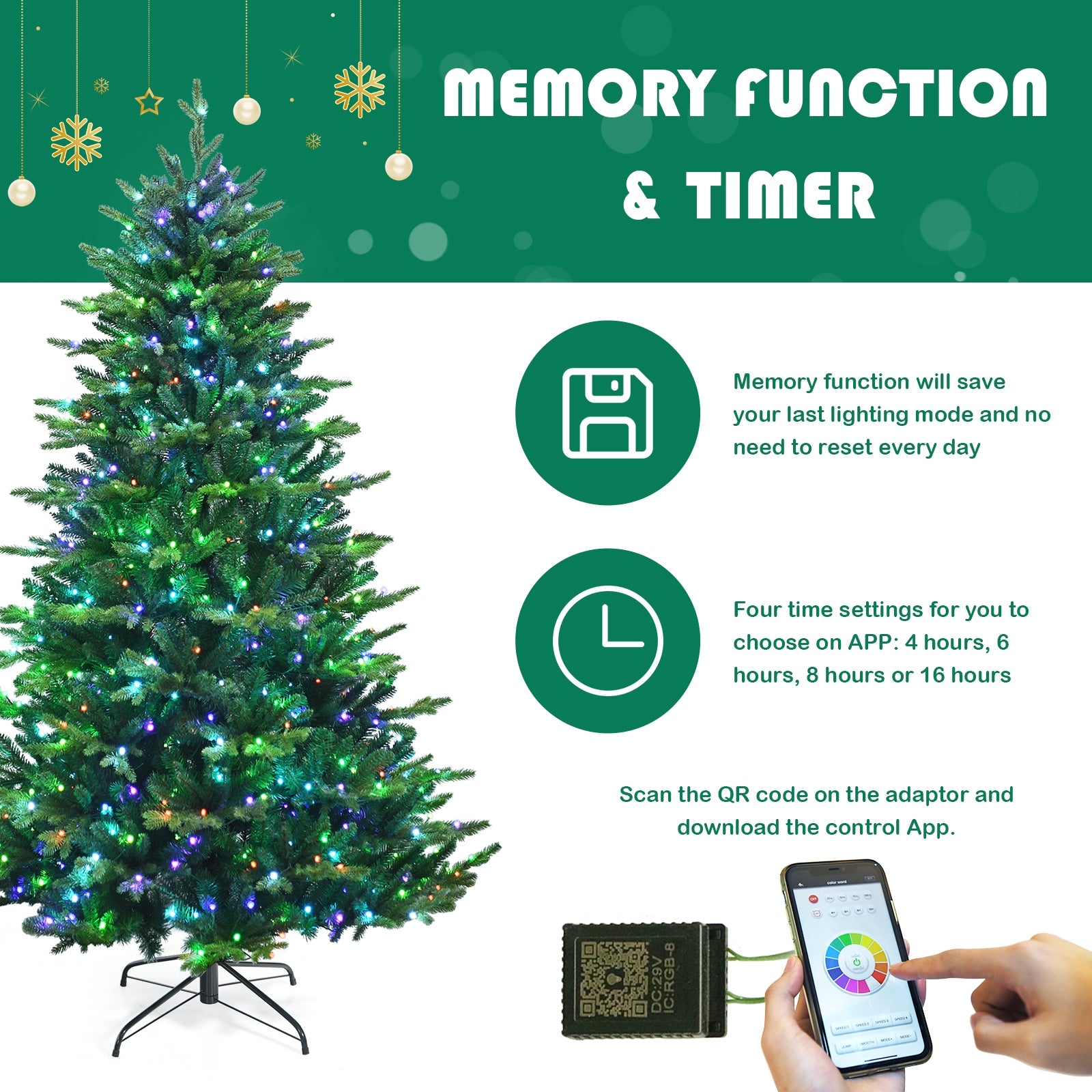 8 ft Pre-lit Artificial Hinged Christmas Tree with APP Controlled LED Lights