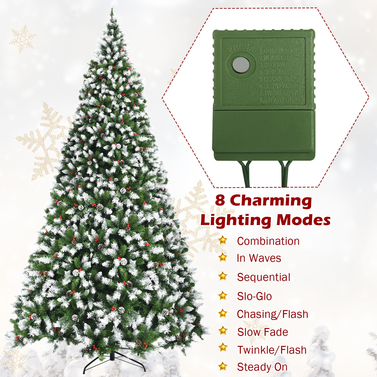 9 Feet Pre-Lit White Artificial Christmas Tree with Iridescent Leaves