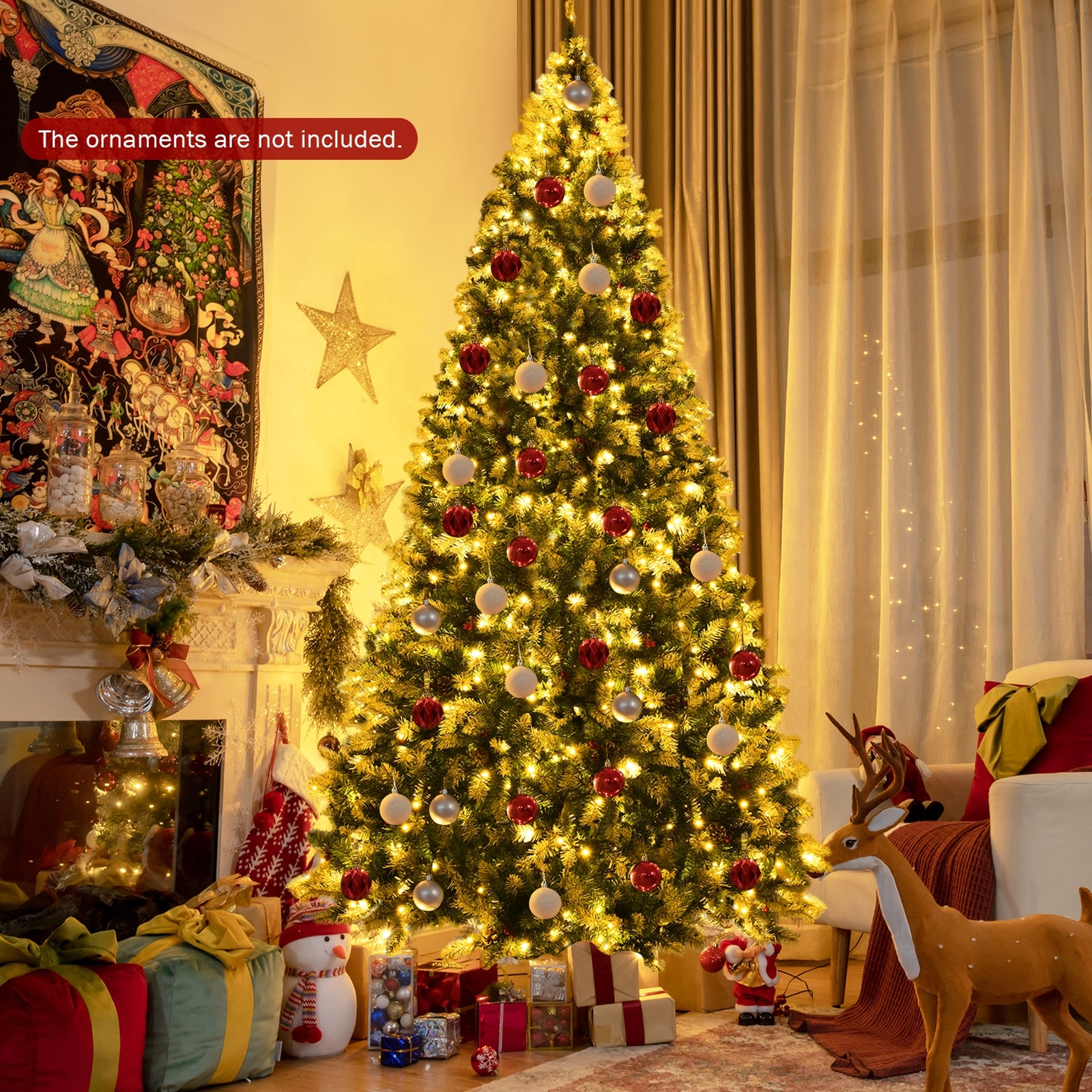 9 Feet Pre-Lit White Artificial Christmas Tree with Iridescent Leaves