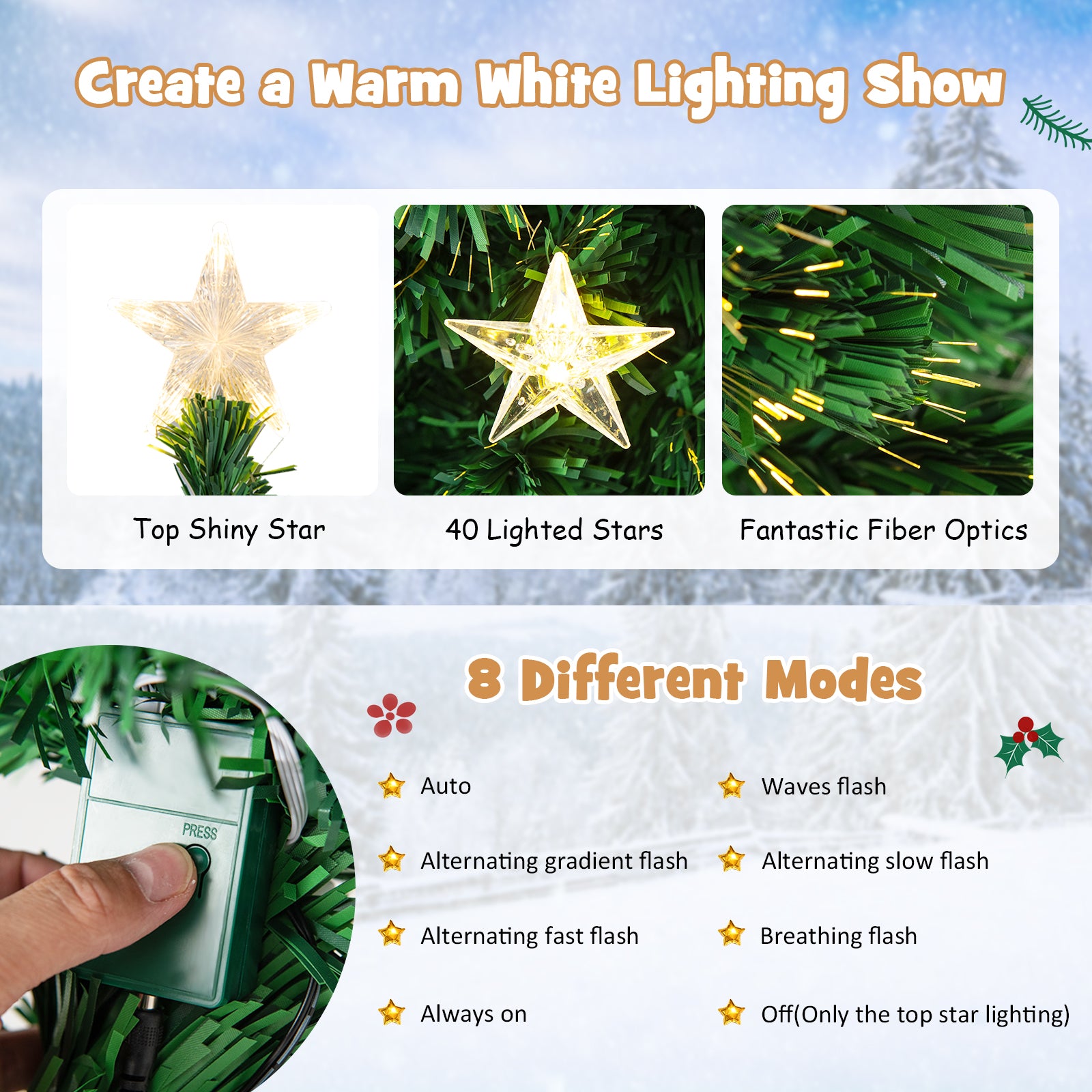 7FT Prelit Fiber Optic Christmas Tree with Warm White Lights