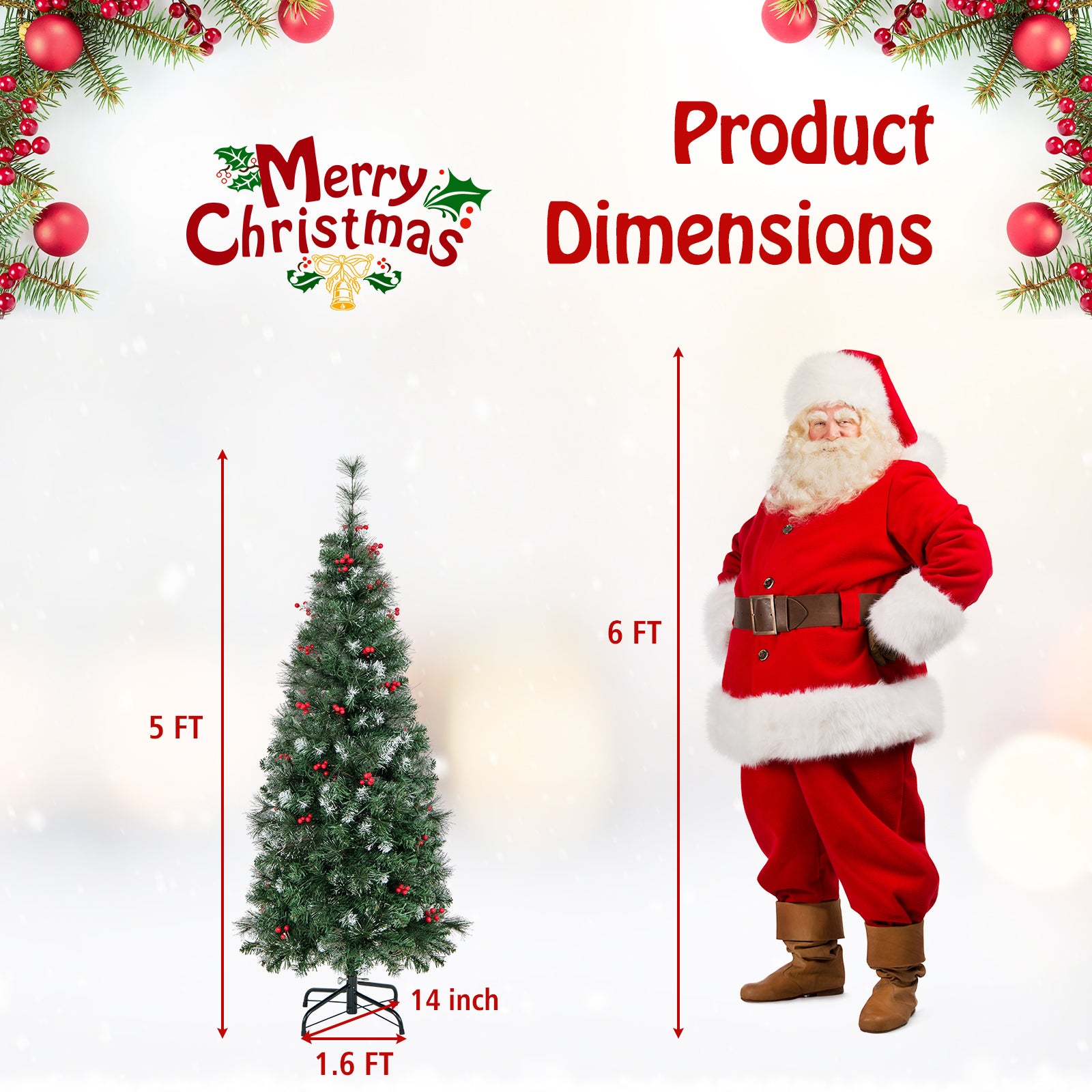 5 FT Pre-Lit Artificial Hinged Slim Pencil Christmas Tree