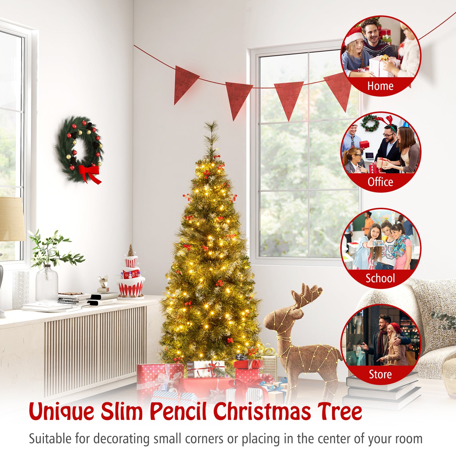 5 FT Pre-Lit Artificial Hinged Slim Pencil Christmas Tree