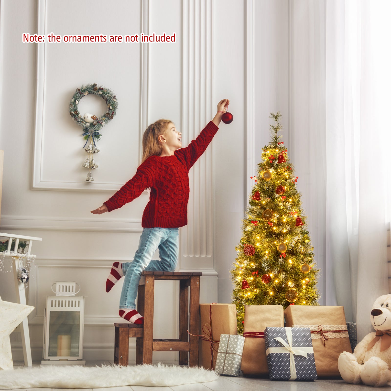 5 FT Pre-Lit Artificial Hinged Slim Pencil Christmas Tree