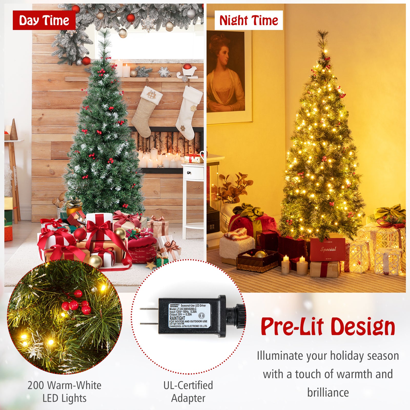 5 FT Pre-Lit Artificial Hinged Slim Pencil Christmas Tree