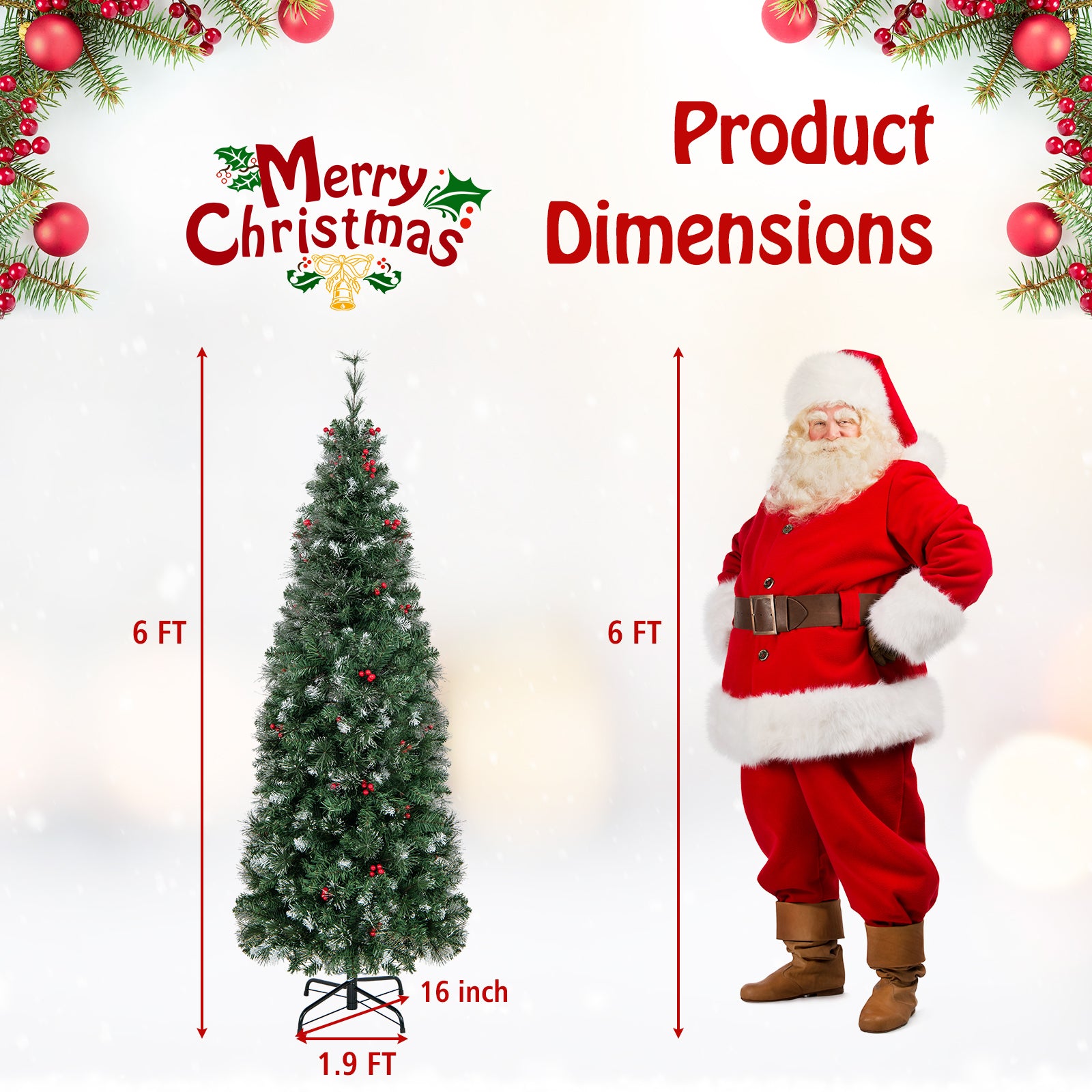 6 FT Pre-Lit Artificial Hinged Slim Pencil Christmas Tree