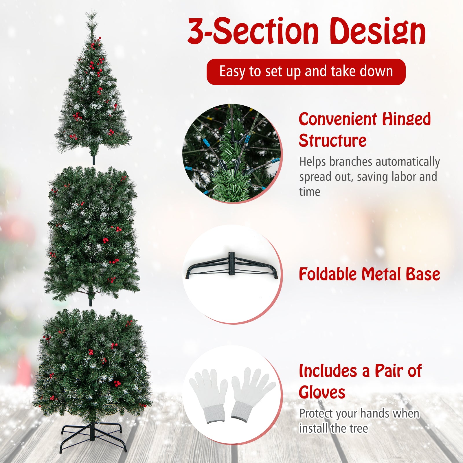6 FT Pre-Lit Artificial Hinged Slim Pencil Christmas Tree