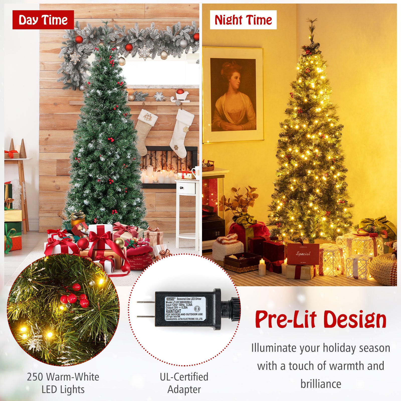 6 FT Pre-Lit Artificial Hinged Slim Pencil Christmas Tree