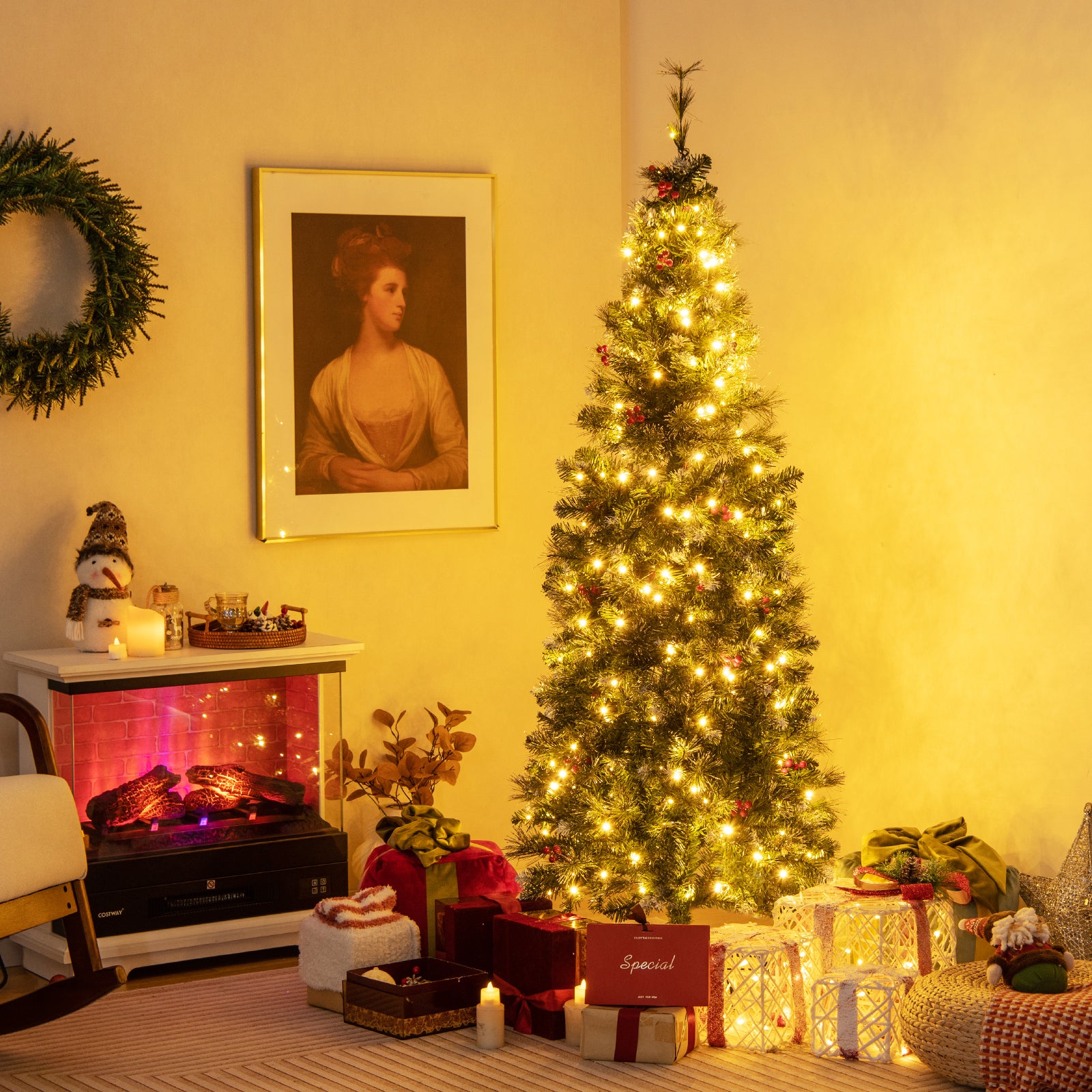 6 FT Pre-Lit Artificial Hinged Slim Pencil Christmas Tree