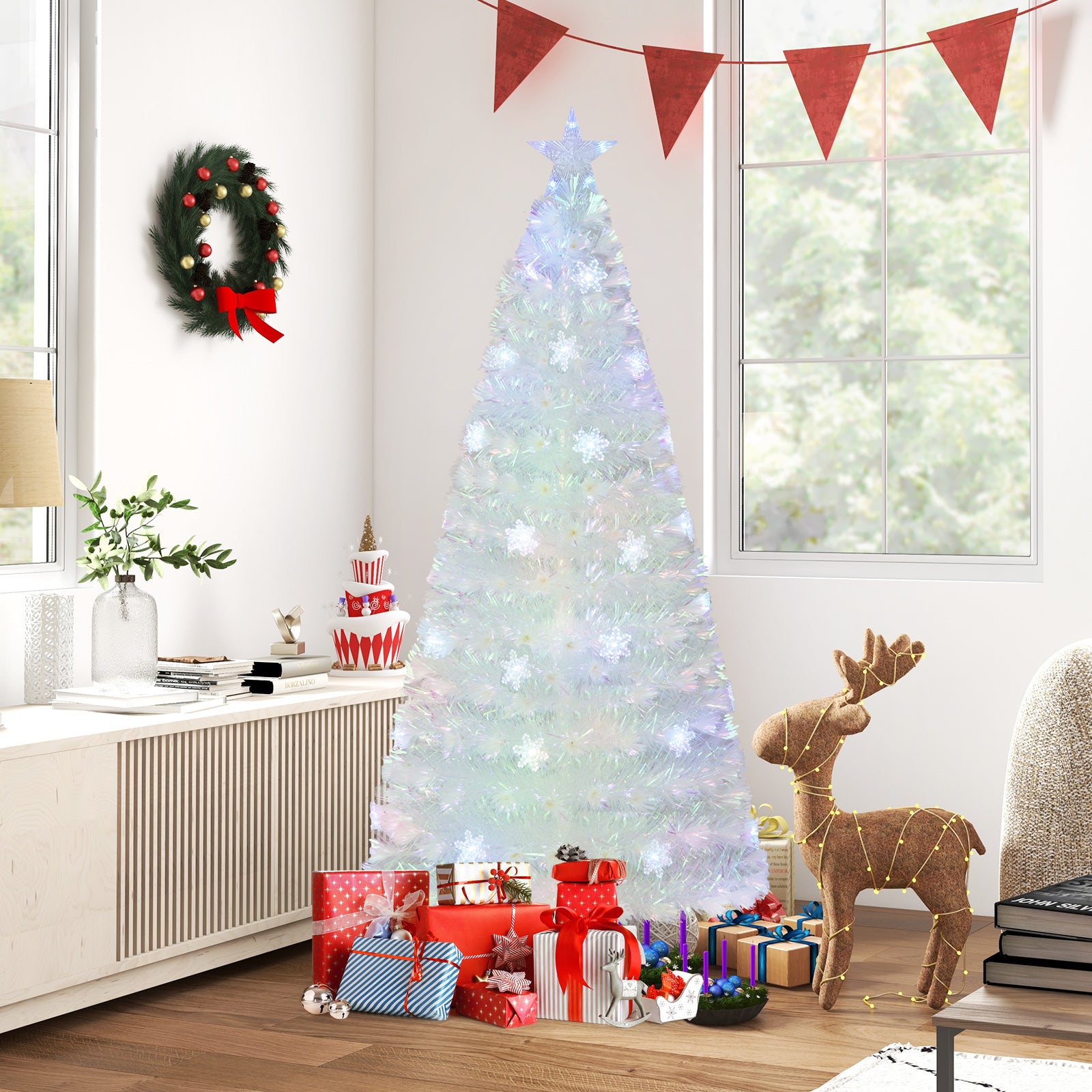 6 Feet Pre-Lit White Artificial Christmas Tree with Iridescent Leaves