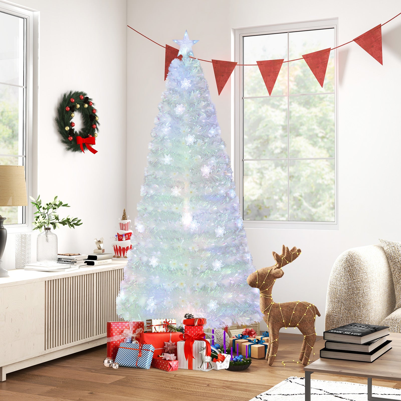 7 Feet Pre-Lit White Artificial Christmas Tree with Iridescent Leaves