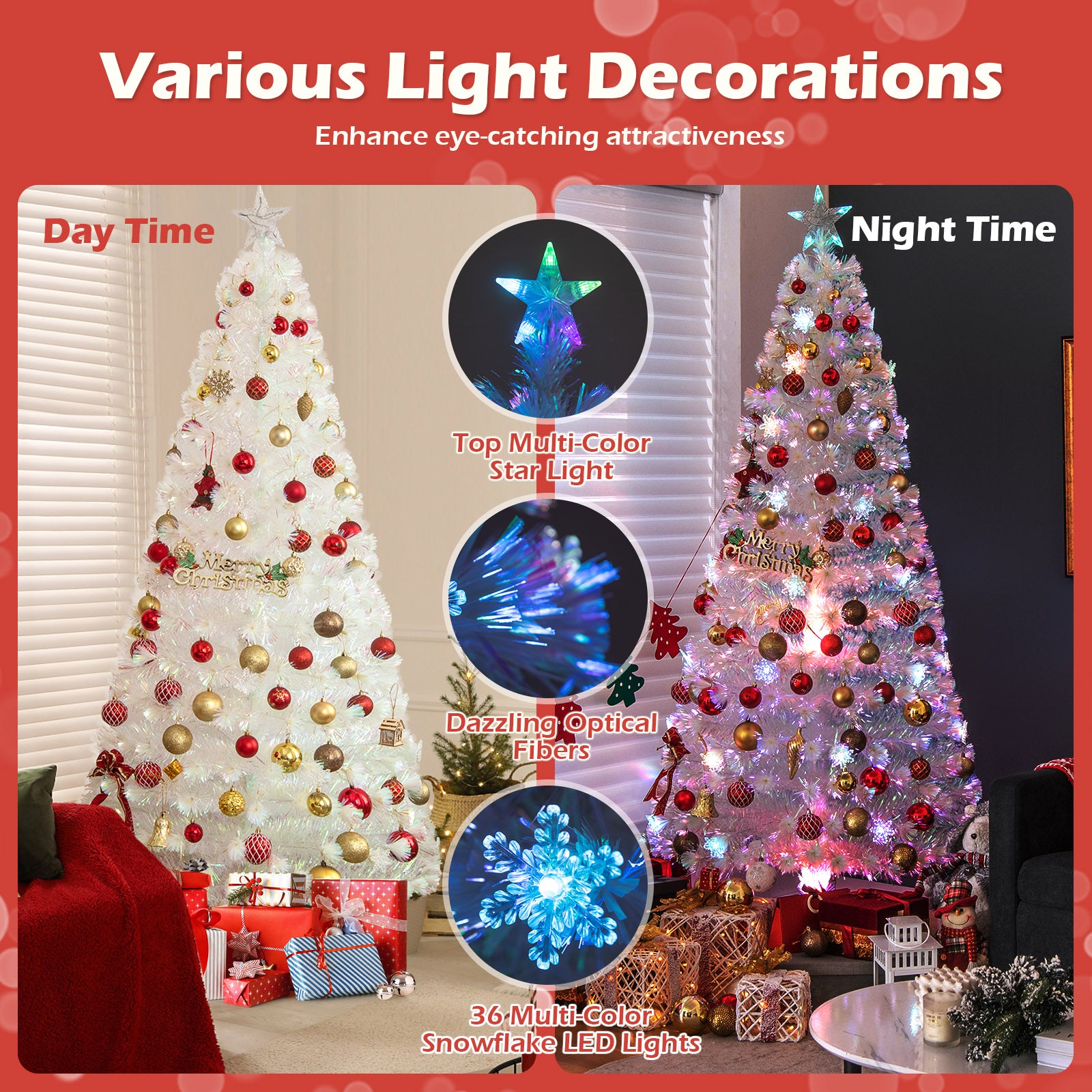 7 Feet Pre-Lit White Artificial Christmas Tree with Iridescent Leaves