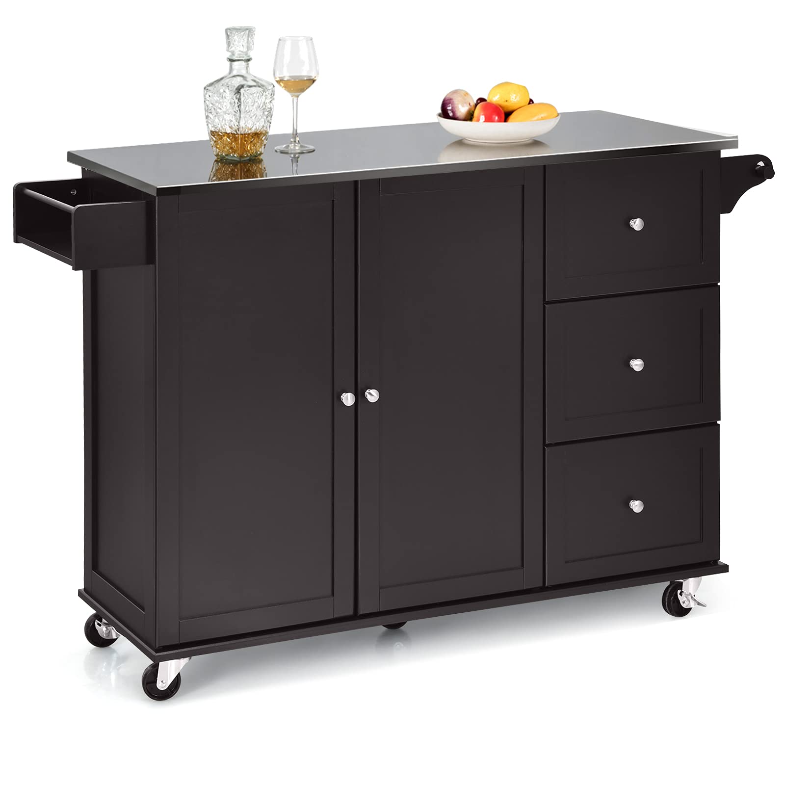 SUGIFT Kitchen Island 2-Door Storage Cabinet with Drawers and Stainless Steel Top