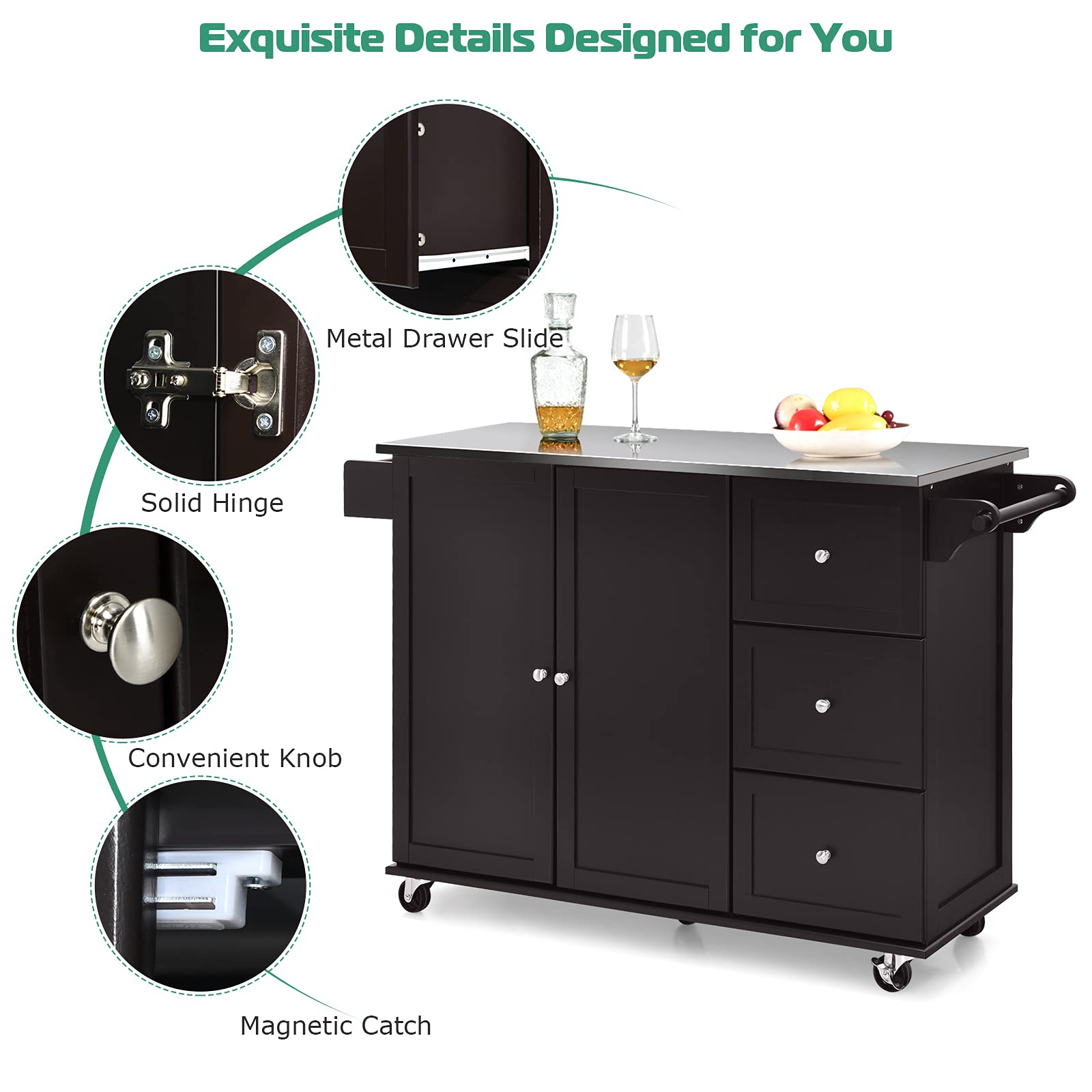 SUGIFT Kitchen Island 2-Door Storage Cabinet with Drawers and Stainless Steel Top