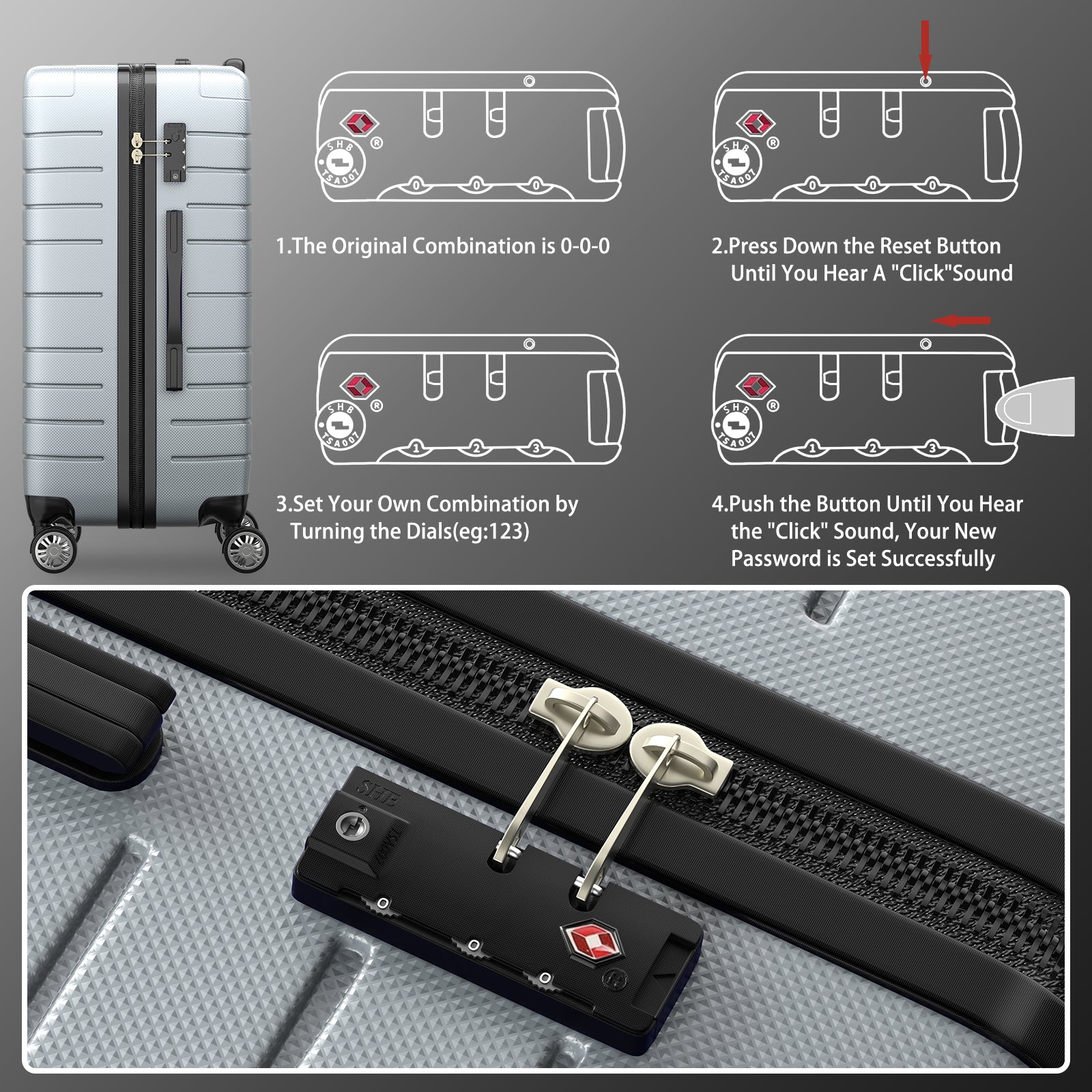 SUGIFT 3 Piece Luggage Sets, Trunk Set, Hardside Lightweight Suitcase Carry with Spinner Wheels & TSA Lock, 20in/24in/28in- Silver