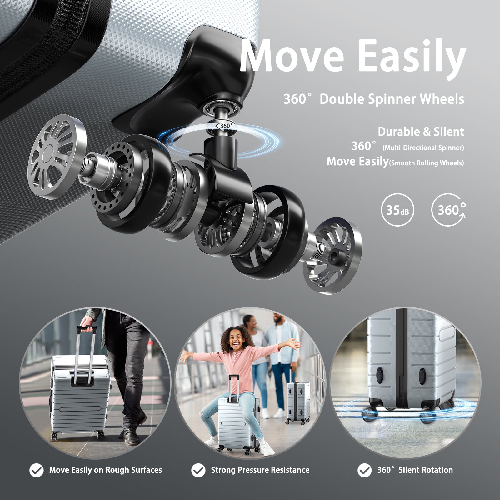 SUGIFT 3 Piece Luggage Sets, Trunk Set, Hardside Lightweight Suitcase Carry with Spinner Wheels & TSA Lock, 20in/24in/28in- Silver