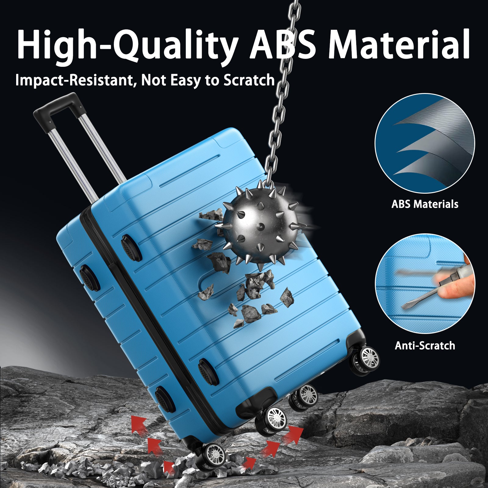 3-Pcs Luggage Sets, Trunk Set, ABS Lightweight Suitcase Sets with TSA Lock & Spinner Wheels, 20in/24in/28in - Light Blue