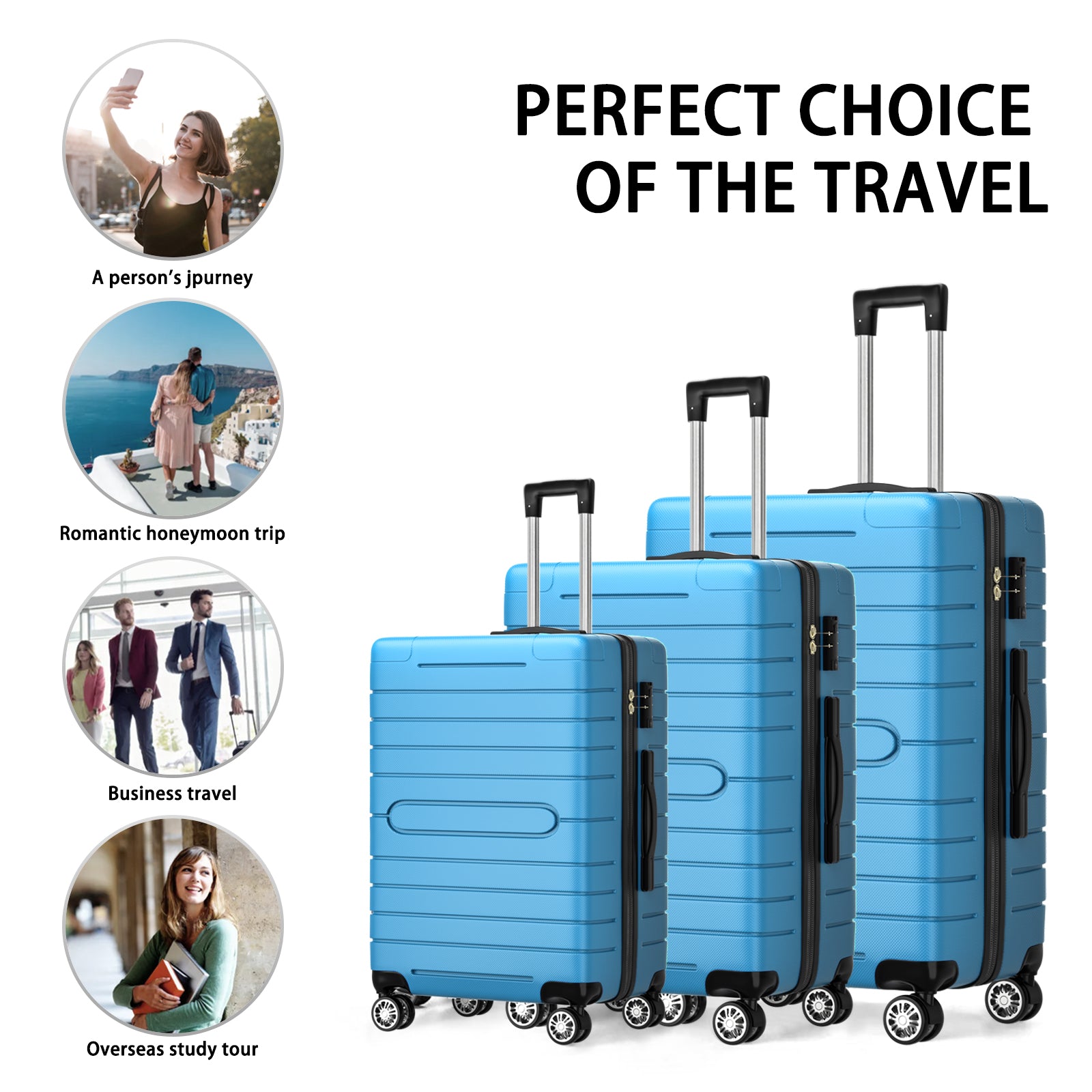 3-Pcs Luggage Sets, Trunk Set, ABS Lightweight Suitcase Sets with TSA Lock & Spinner Wheels, 20in/24in/28in - Light Blue