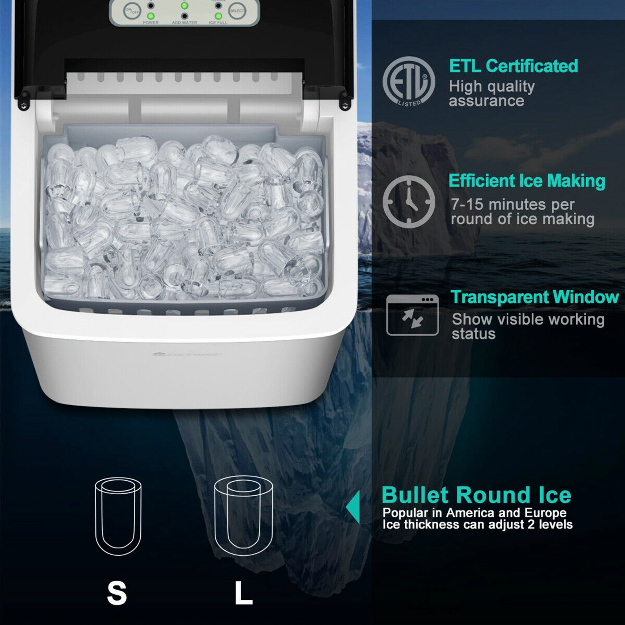 SUGIFT 26 lbs/24 H Self-Clean Stainless Steel Ice Maker