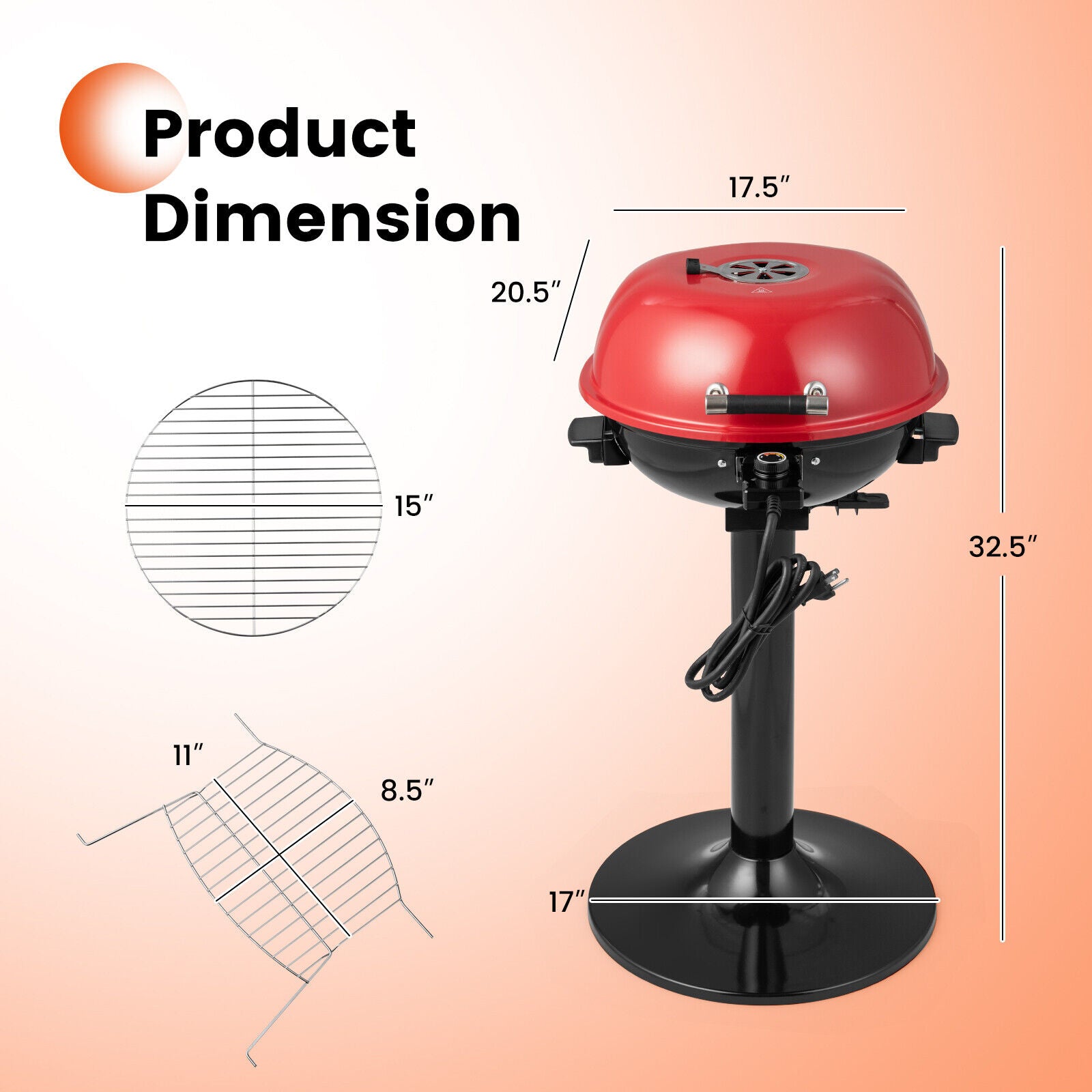 SUGIFT 1600W Electric BBQ Grill with Removable Non-Stick Warming Rack, Red