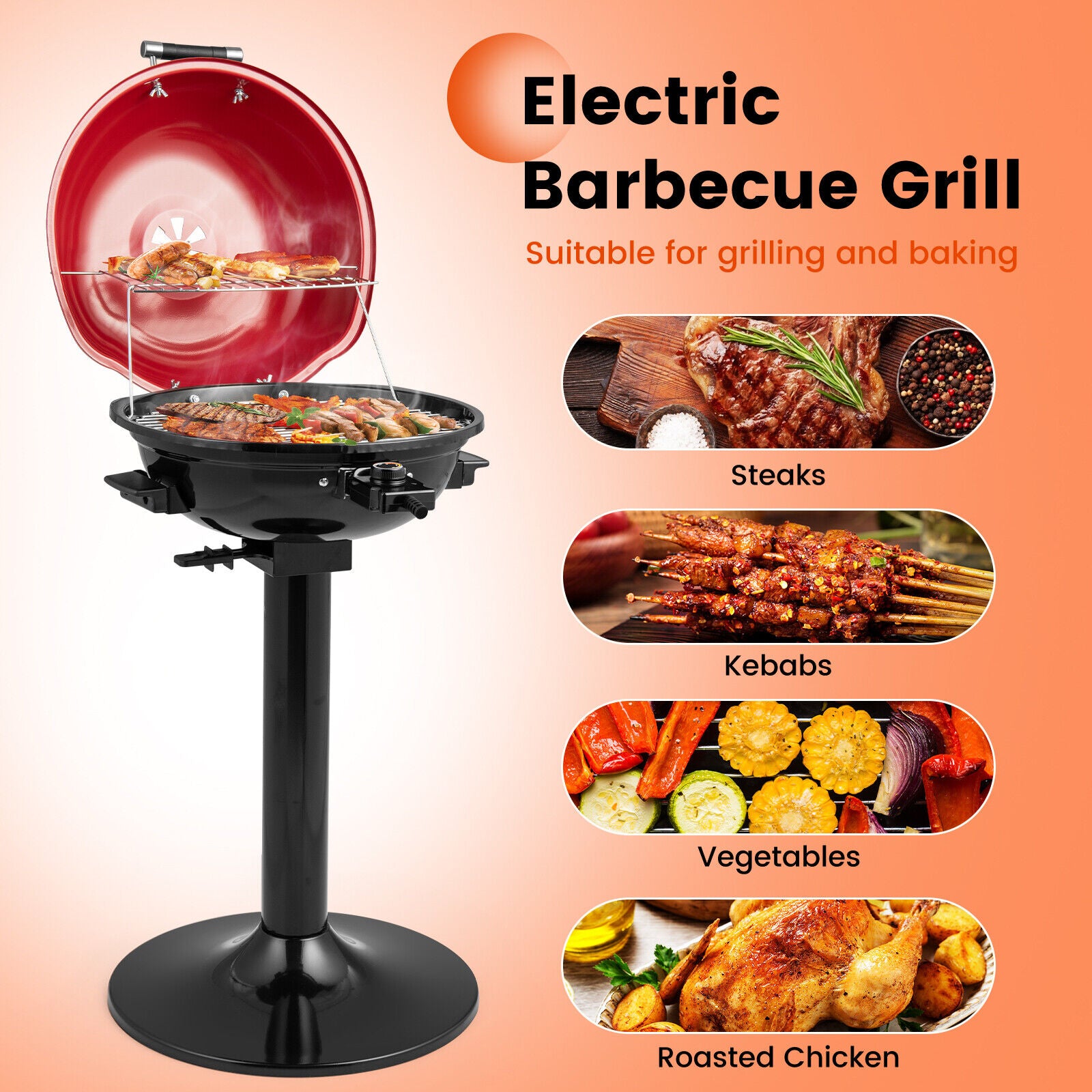 SUGIFT 1600W Electric BBQ Grill with Removable Non-Stick Warming Rack, Red