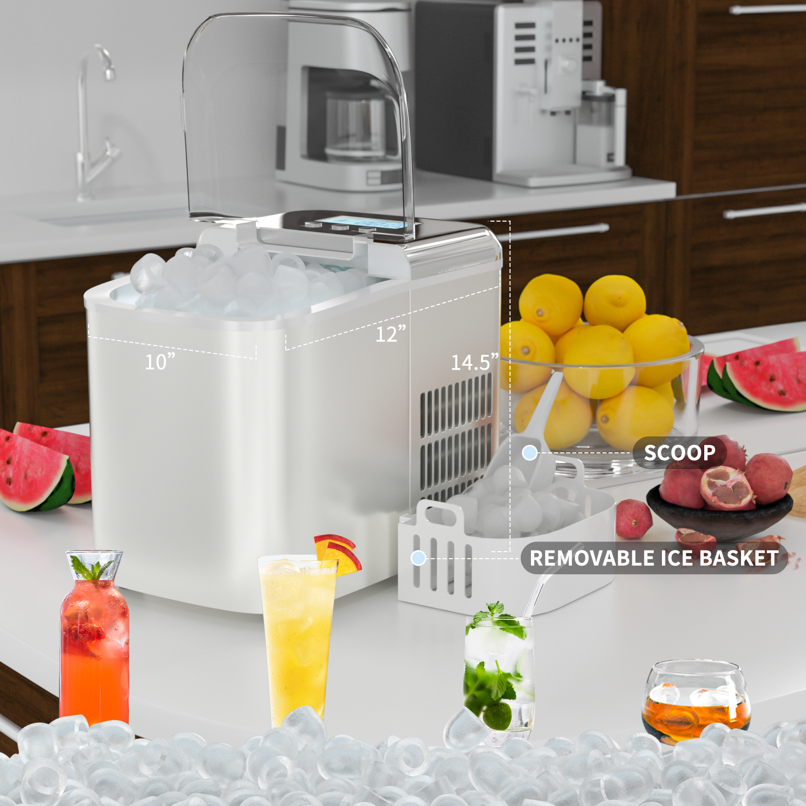 SUGIFT Silver 26 lbs Countertop LCD Display Ice Maker with Ice Scoop