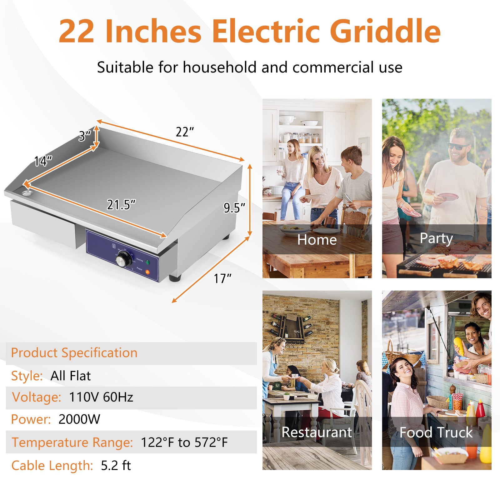 SUGIFT Commercial Electric Griddle with 122¨H-572¨H Adjustable Temperature Control