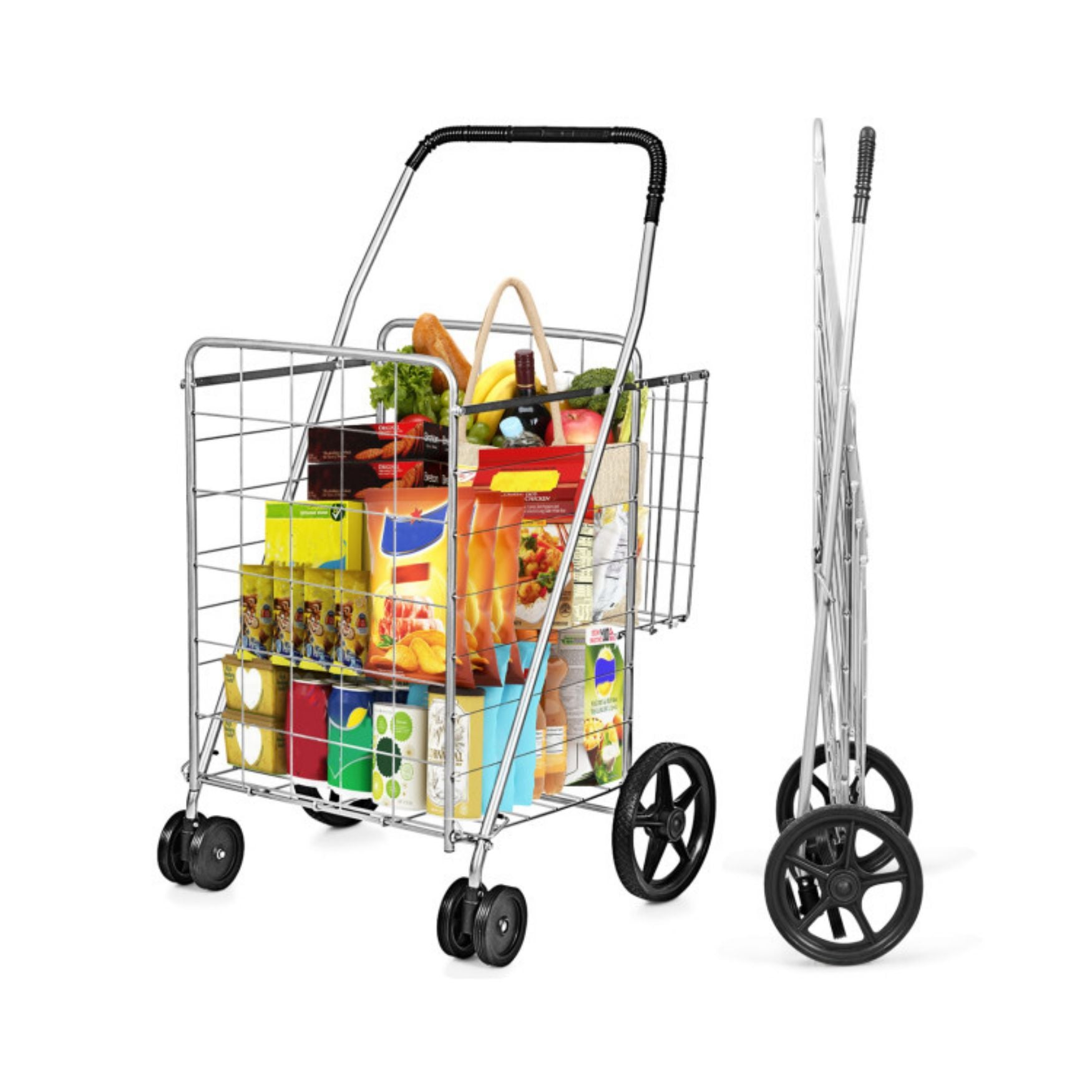 SUGIFT Folding Shopping Cart with Swiveling Wheels and Dual Storage Baskets