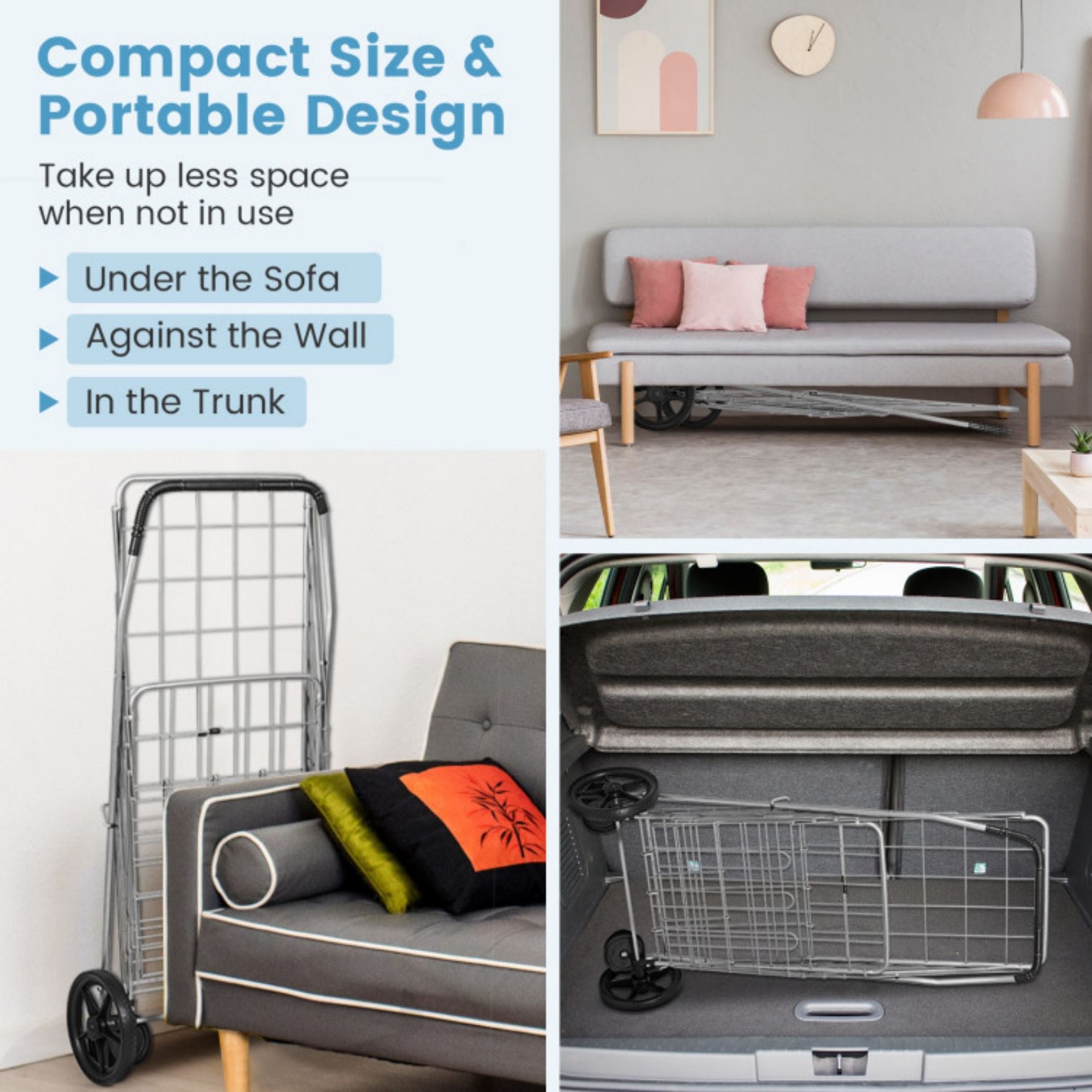 SUGIFT Folding Shopping Cart with Swiveling Wheels and Dual Storage Baskets