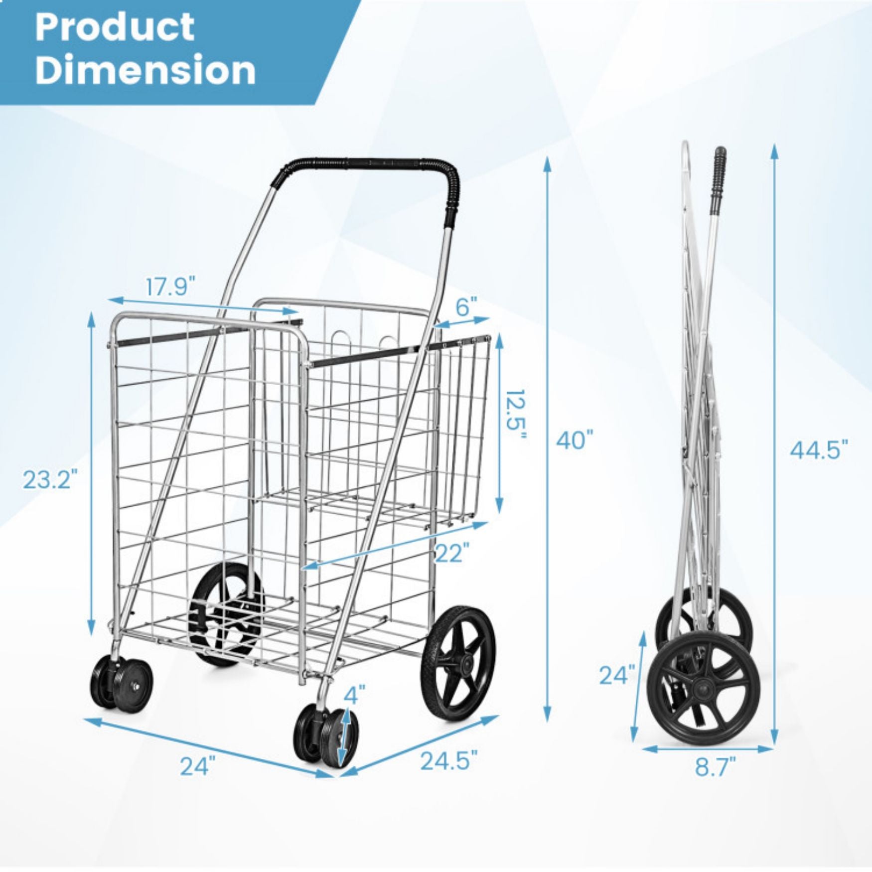 SUGIFT Folding Shopping Cart with Swiveling Wheels and Dual Storage Baskets