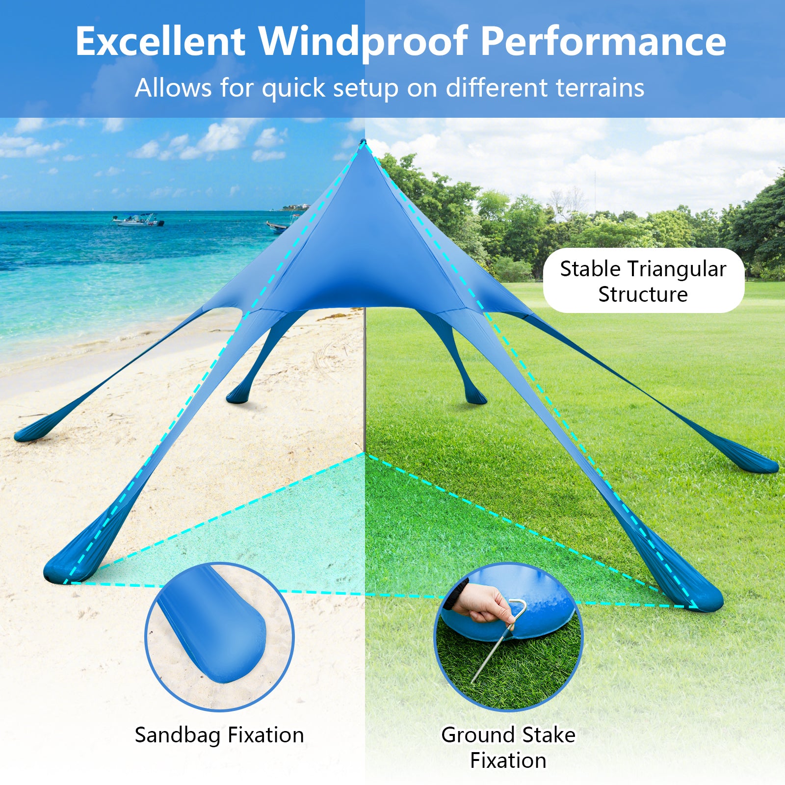 20 x 20 Feet Beach Canopy Tent with UPF50+ Sun Protection and Shovel-Blue