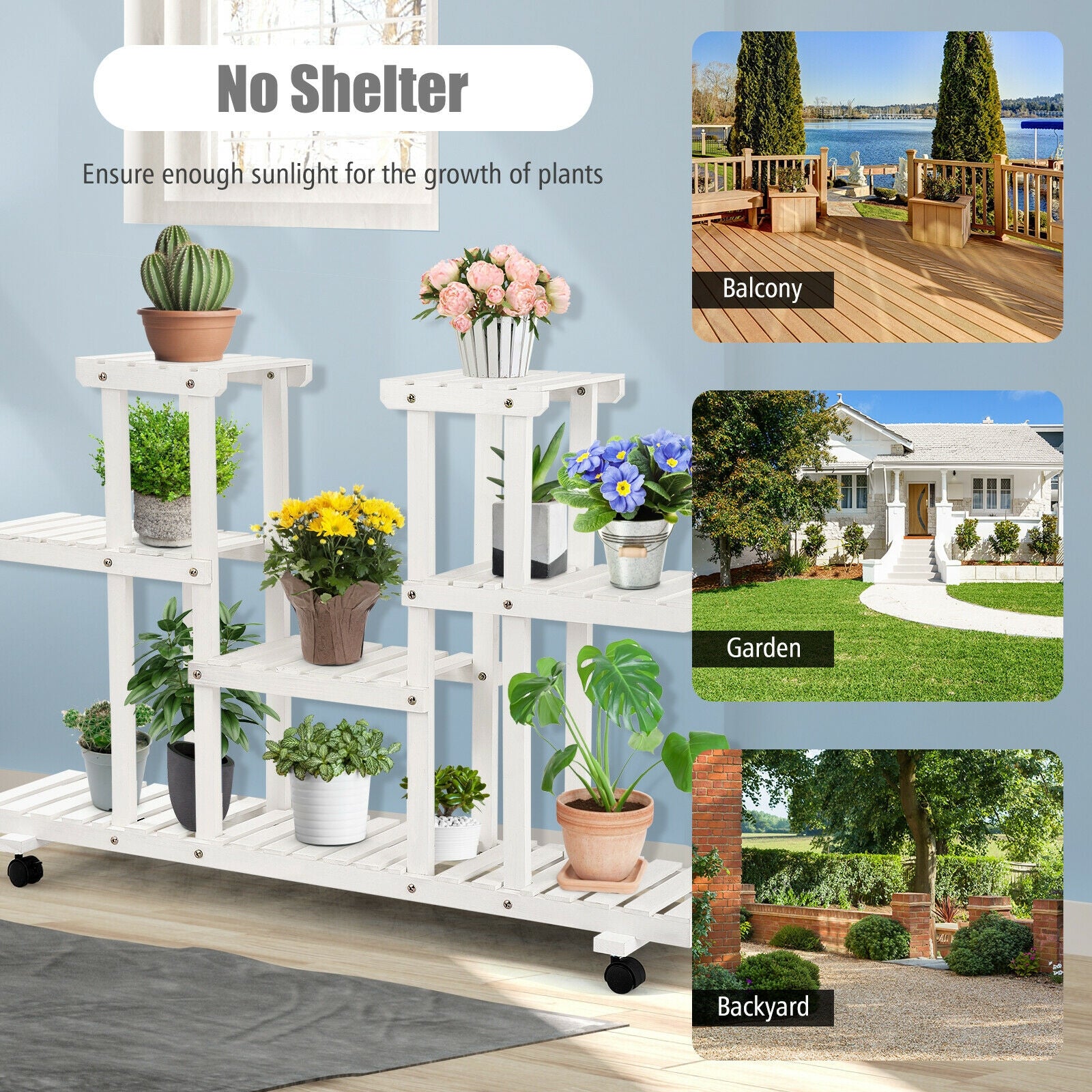 SUGIFT 4-Tier Wood Casters Rolling Shelf Plant Stand