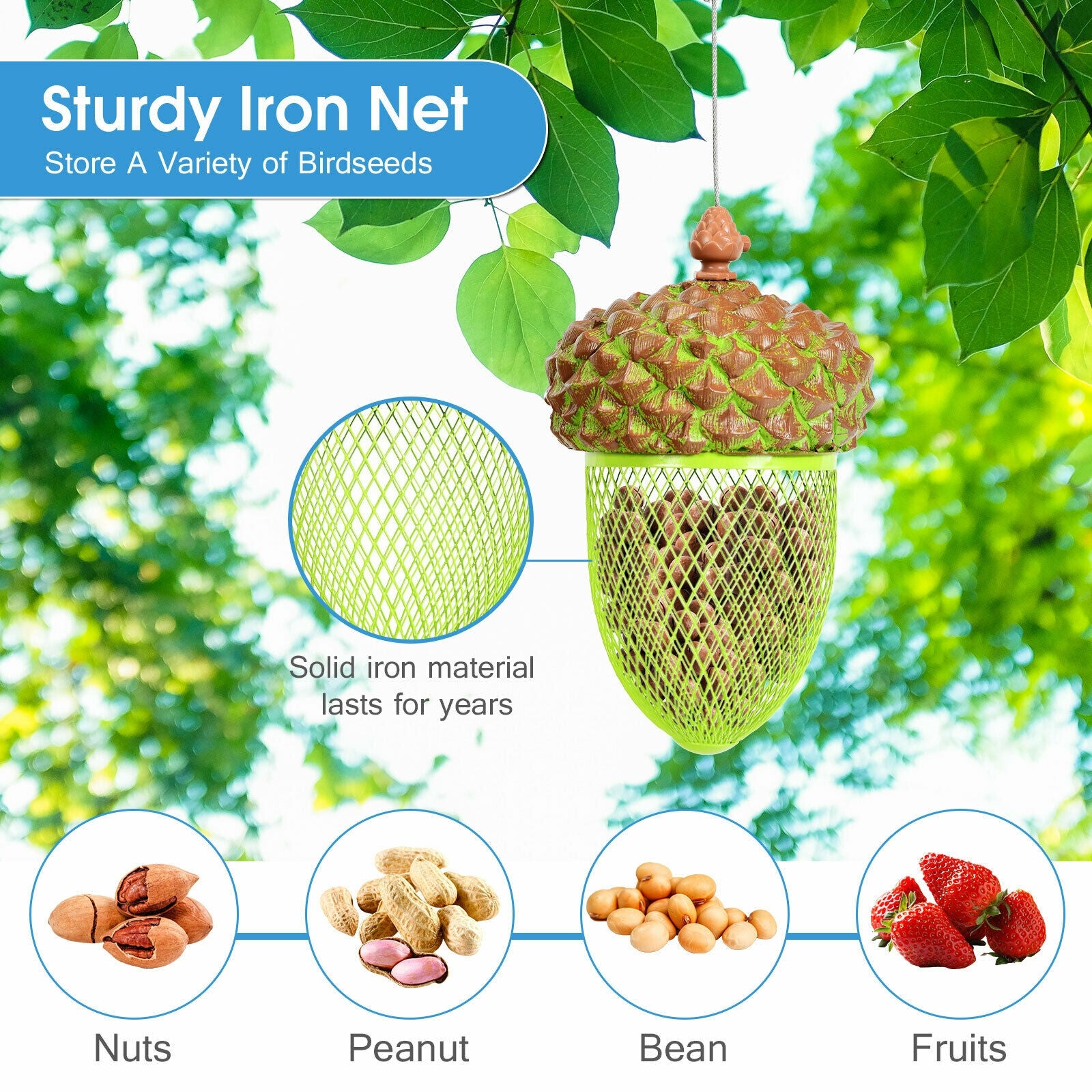 SUGIFT Metal Acorn Wild Bird Feeder Outdoor Hanging Food Dispenser for Garden Yard