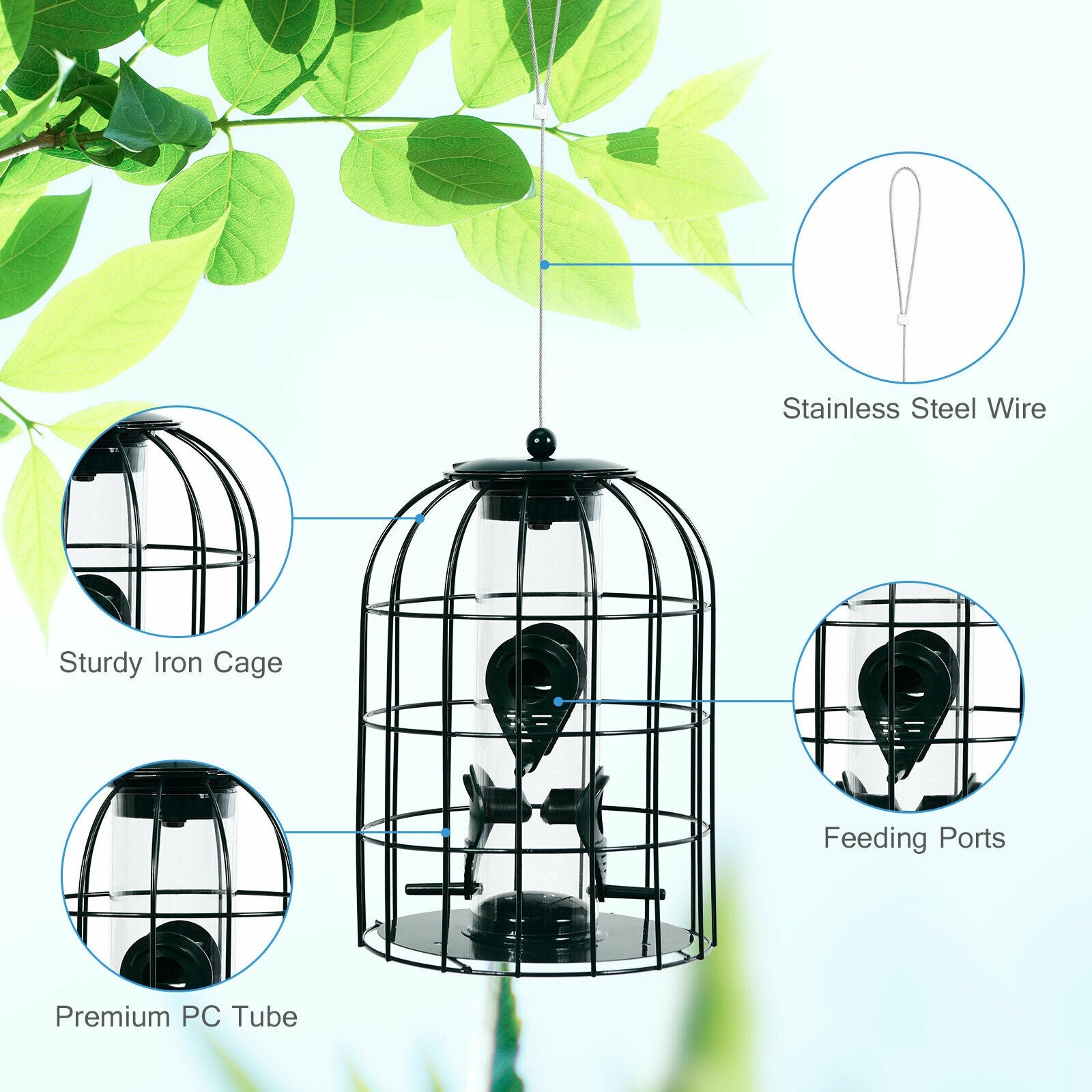 SUGIFT Squirrel-proof Caged Tube Wild Bird Feeder Outdoor Metal Seed Guard Deterrent