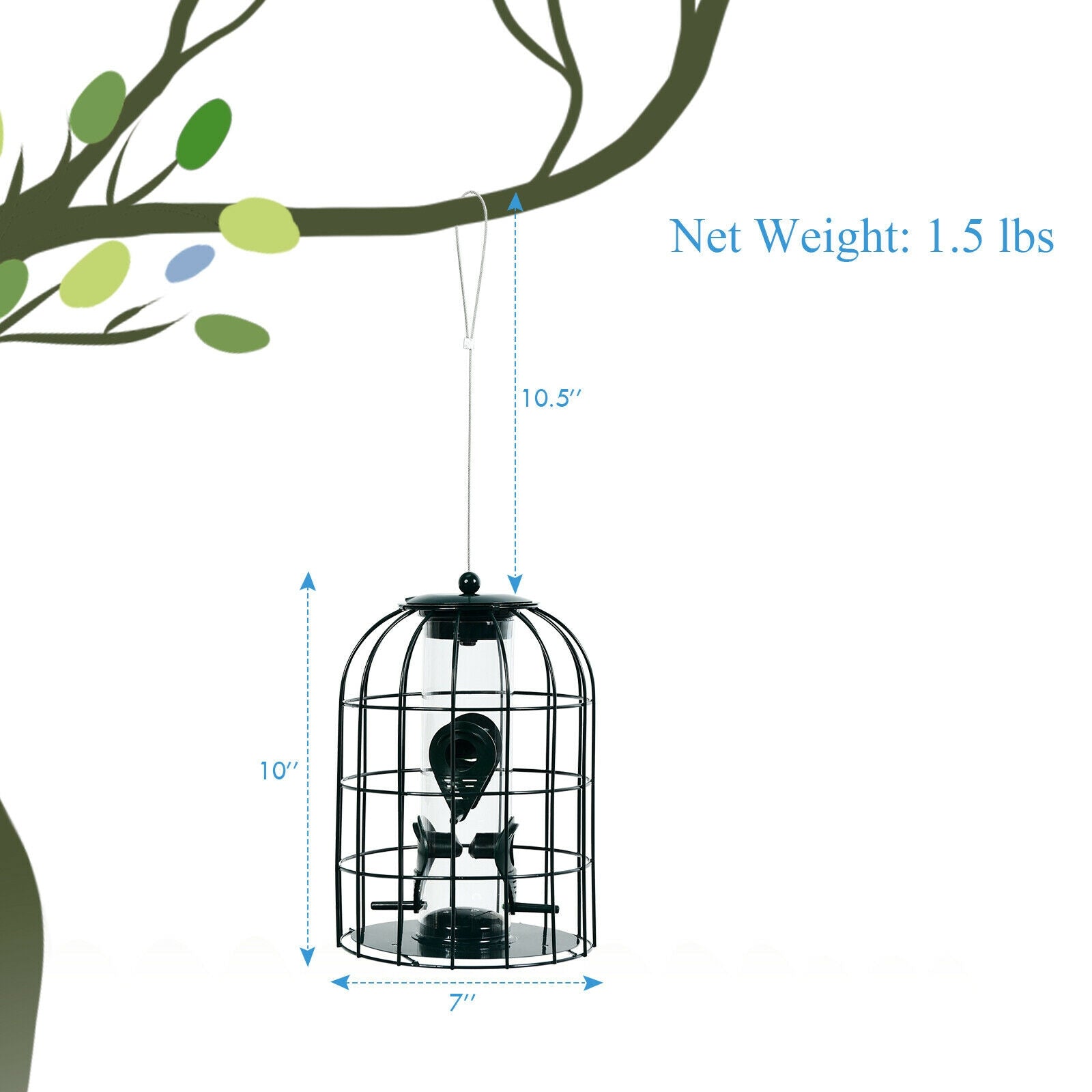 SUGIFT Squirrel-proof Caged Tube Wild Bird Feeder Outdoor Metal Seed Guard Deterrent
