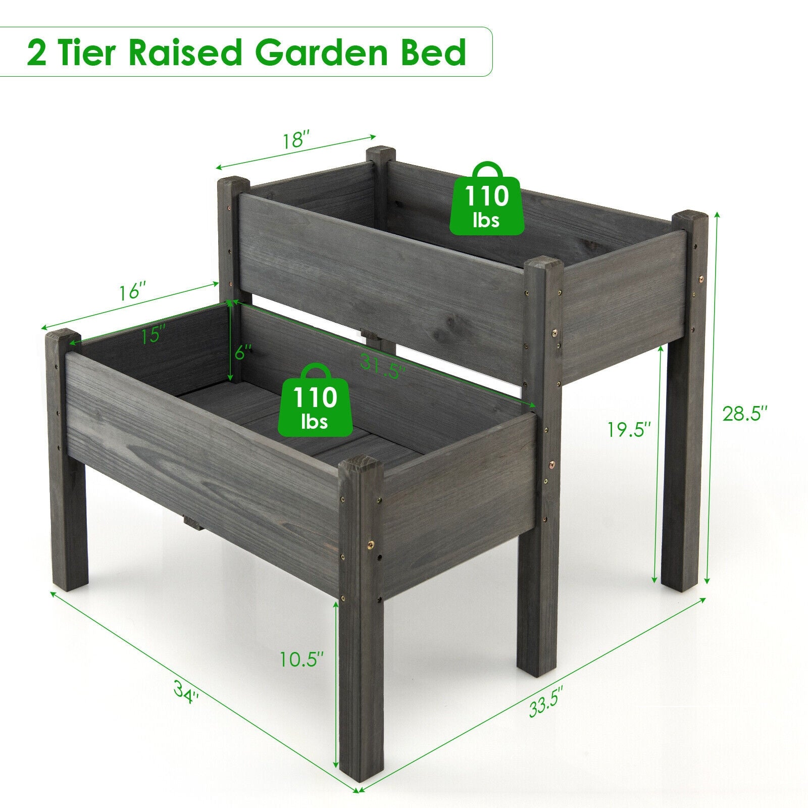 SUGIFT 2 Tier Wooden Raised Garden Bed with Legs Drain Holes