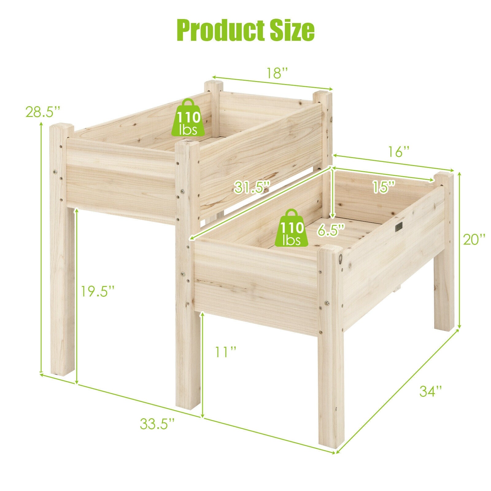SUGIFT 2 Tier Wooden Raised Garden Bed with Legs Drain Holes