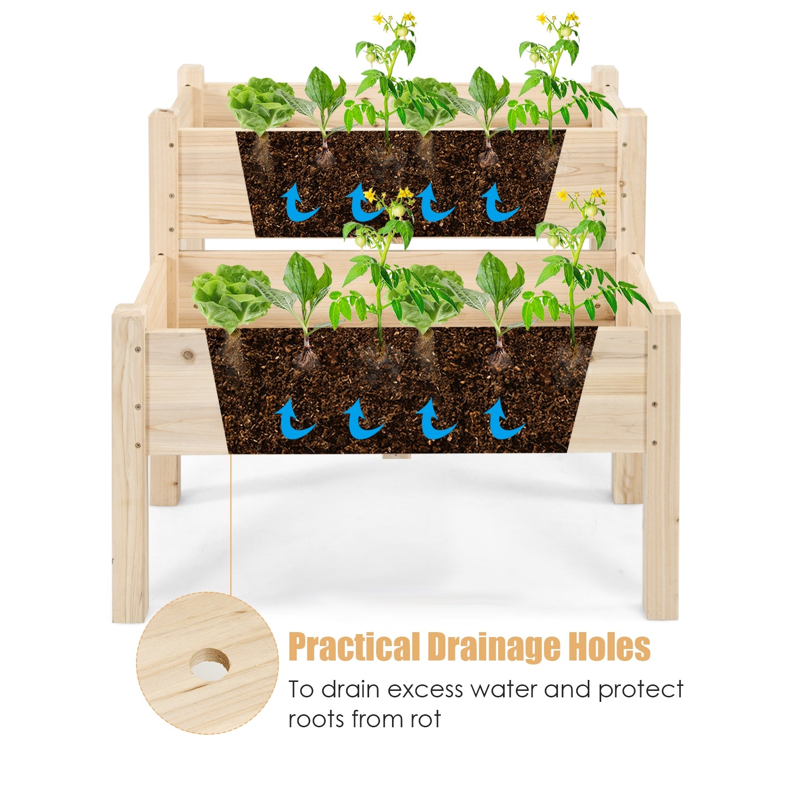 SUGIFT 2 Tier Wooden Raised Garden Bed with Legs Drain Holes