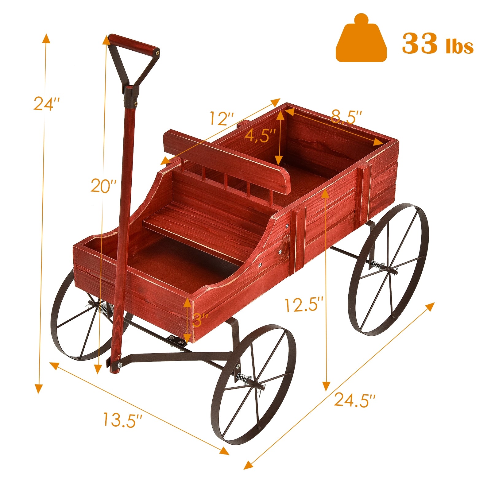 SUGIFT Wooden Wagon Plant Bed with Metal Wheels for Garden Yard Patio