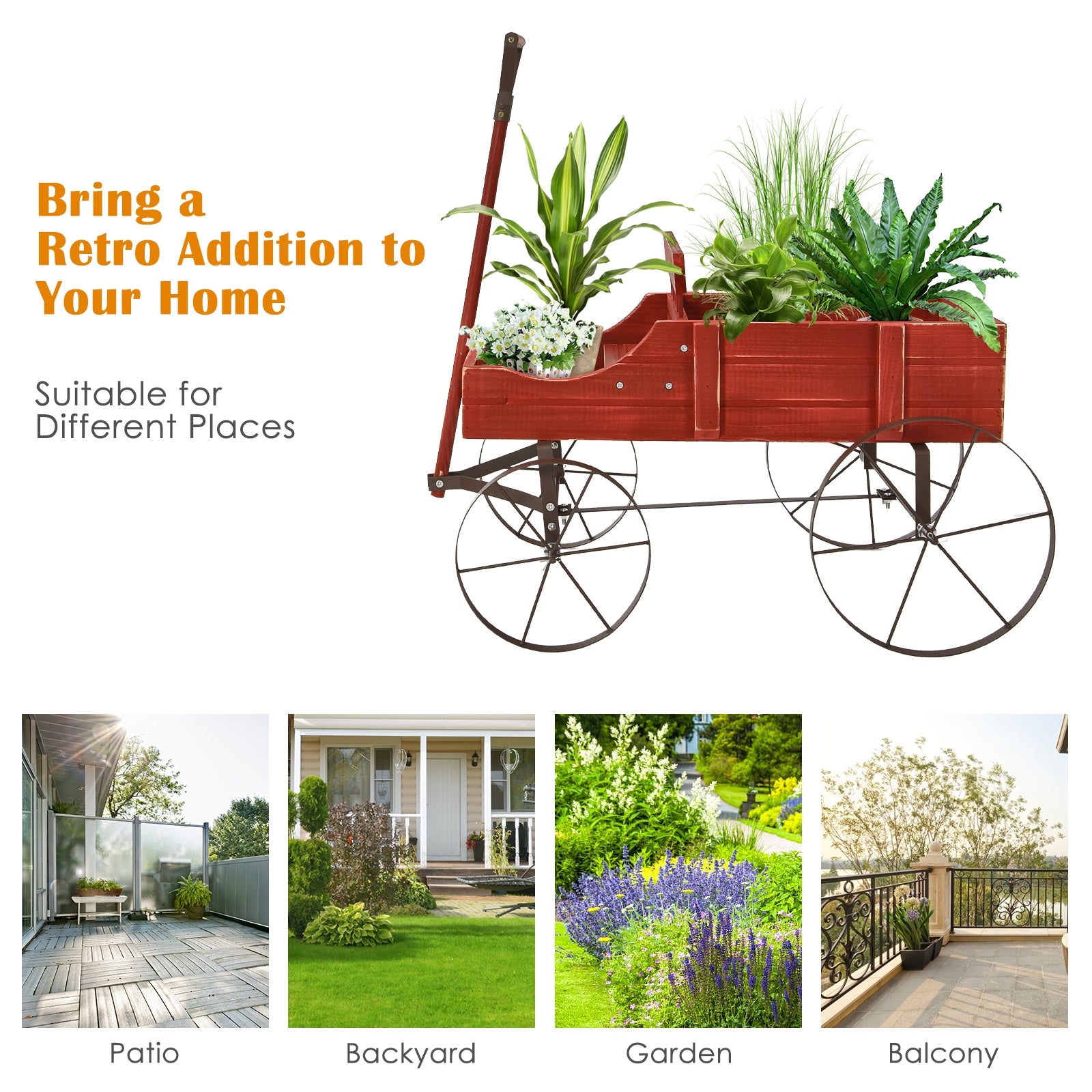 SUGIFT Wooden Wagon Plant Bed with Metal Wheels for Garden Yard Patio