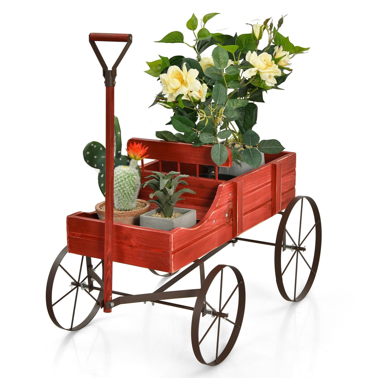 SUGIFT Wooden Wagon Plant Bed with Metal Wheels for Garden Yard Patio