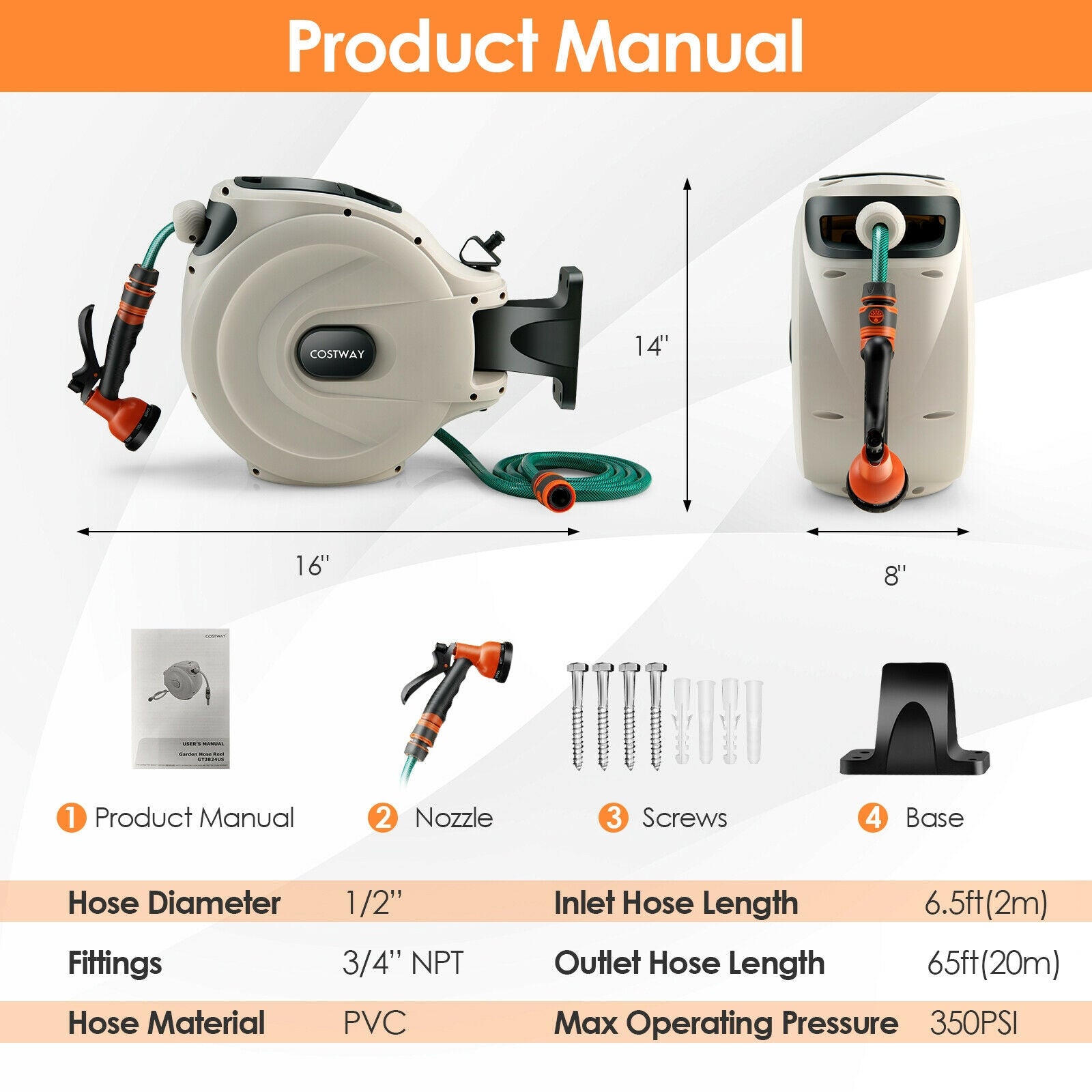Wall Mounted Retractable Garden Hose Reel with Hose Nozzle