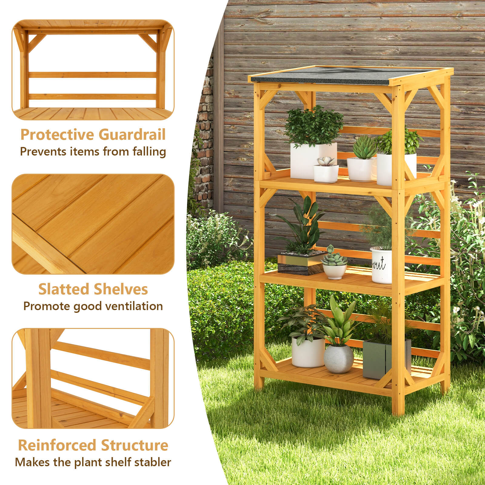 3-Tier Wooden Plant Stand with Weatherproof Asphalt Roof for Patio