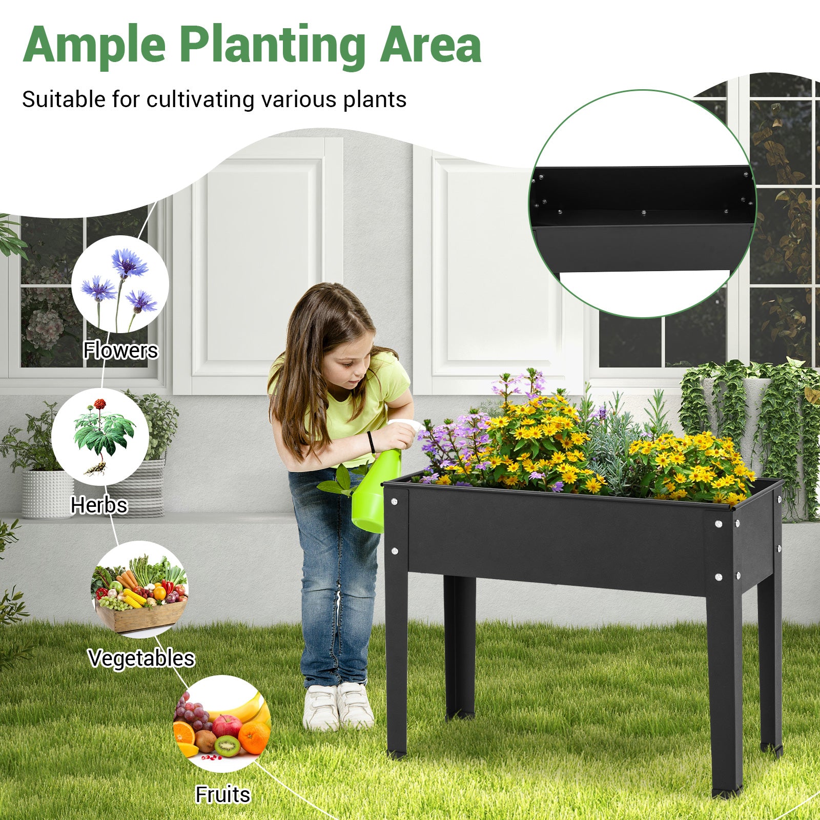 SUGIFT Metal Raised Garden Bed with Legs and Drainage Hole for Vegetable Flower